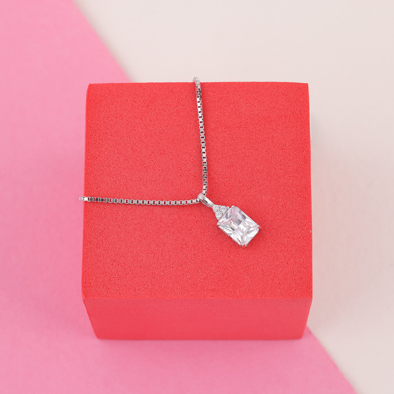 925 Sterling Silver April Month Square Diamond Pendant Chain, Earrings, and Ring For Women