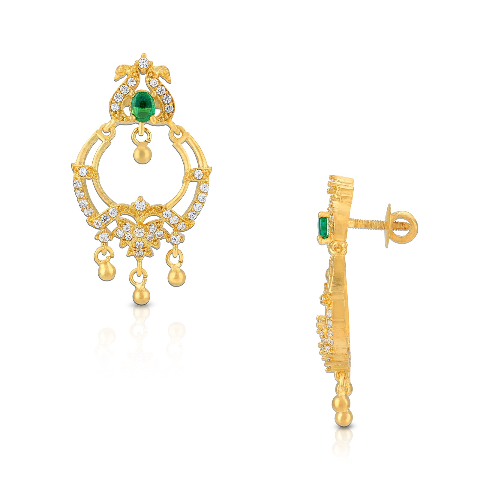 Gold earrings with green gemstones on a white background