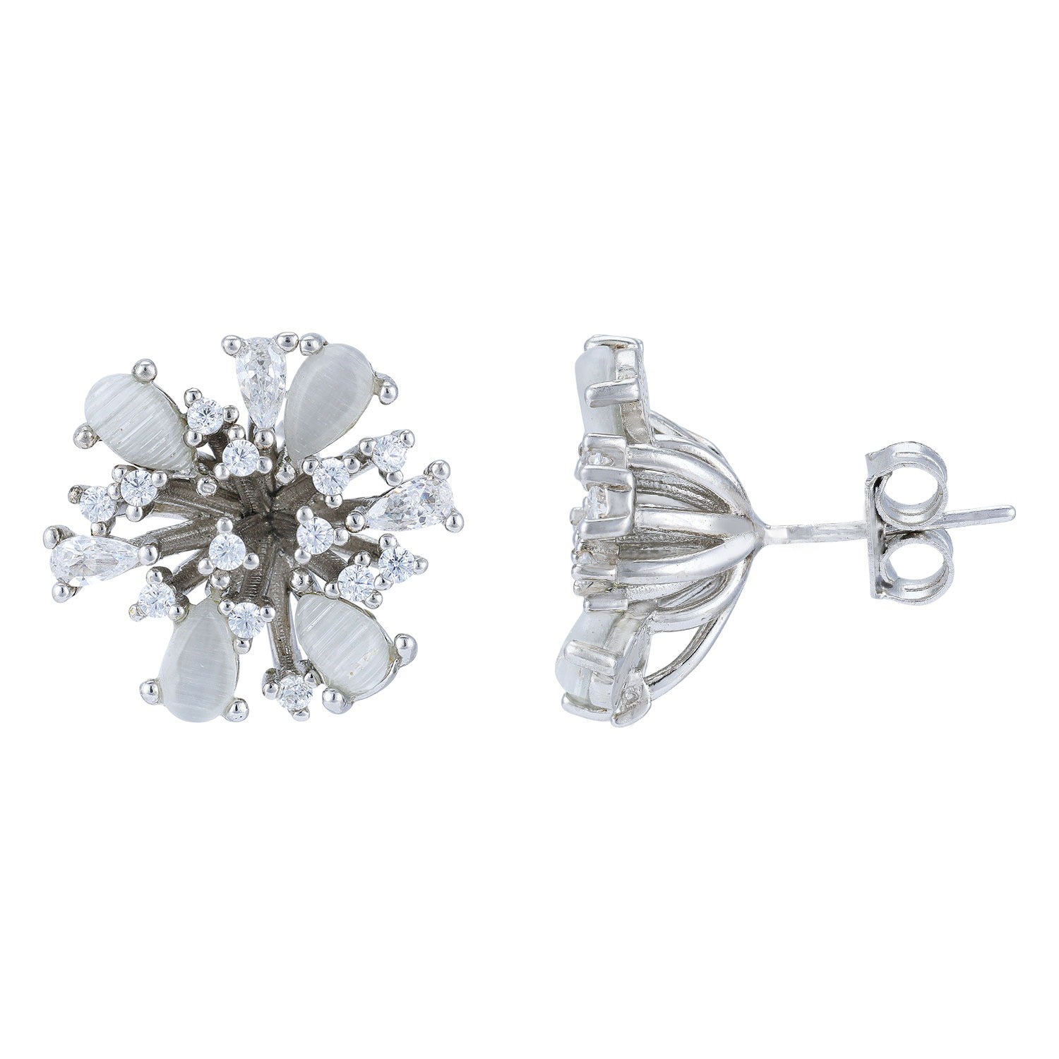 925 Sterling Silver Radiant Bloom Frosted Petal Sparkle Rhodium Plated Earrings for Women