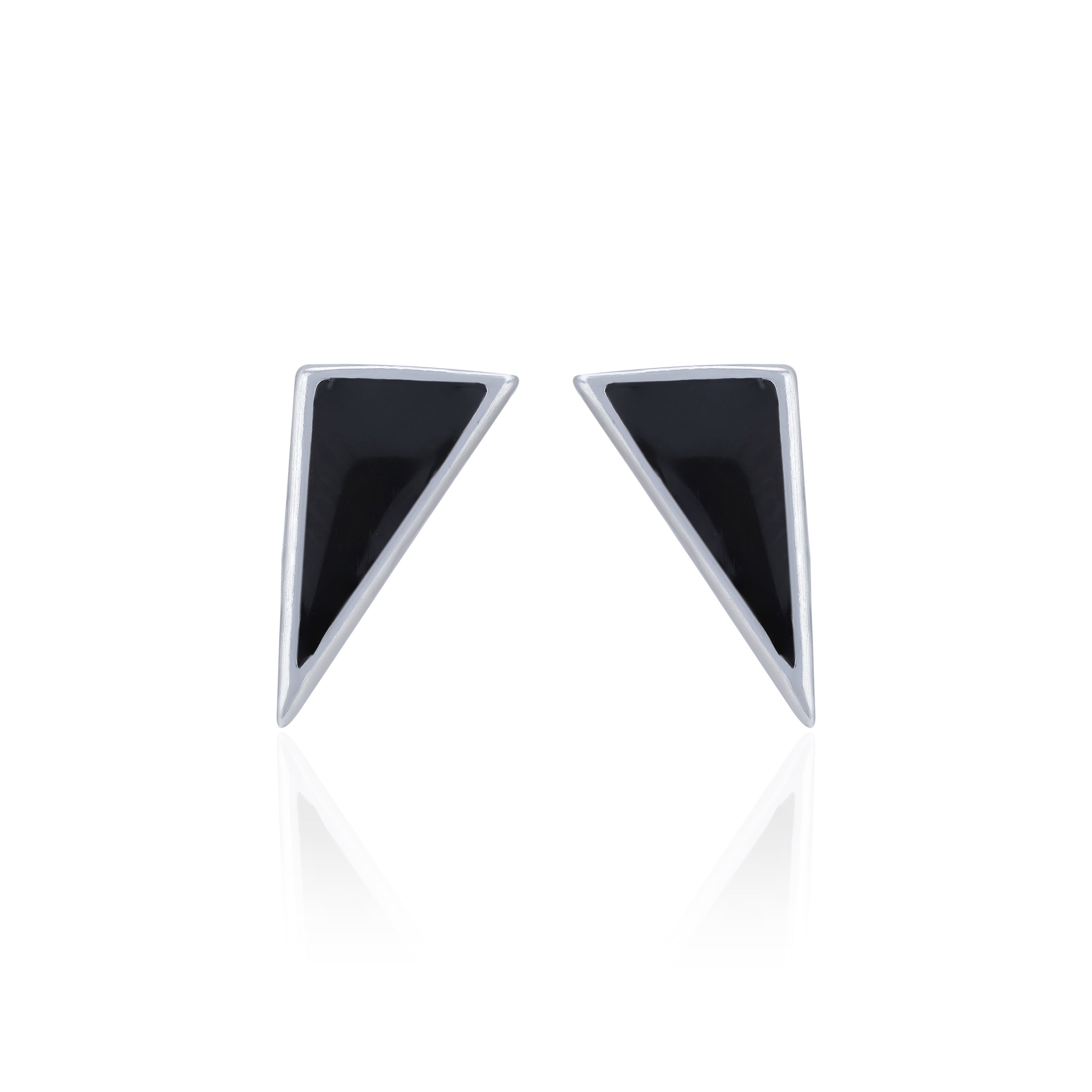 Pair of triangular earrings with black centers on a white background
