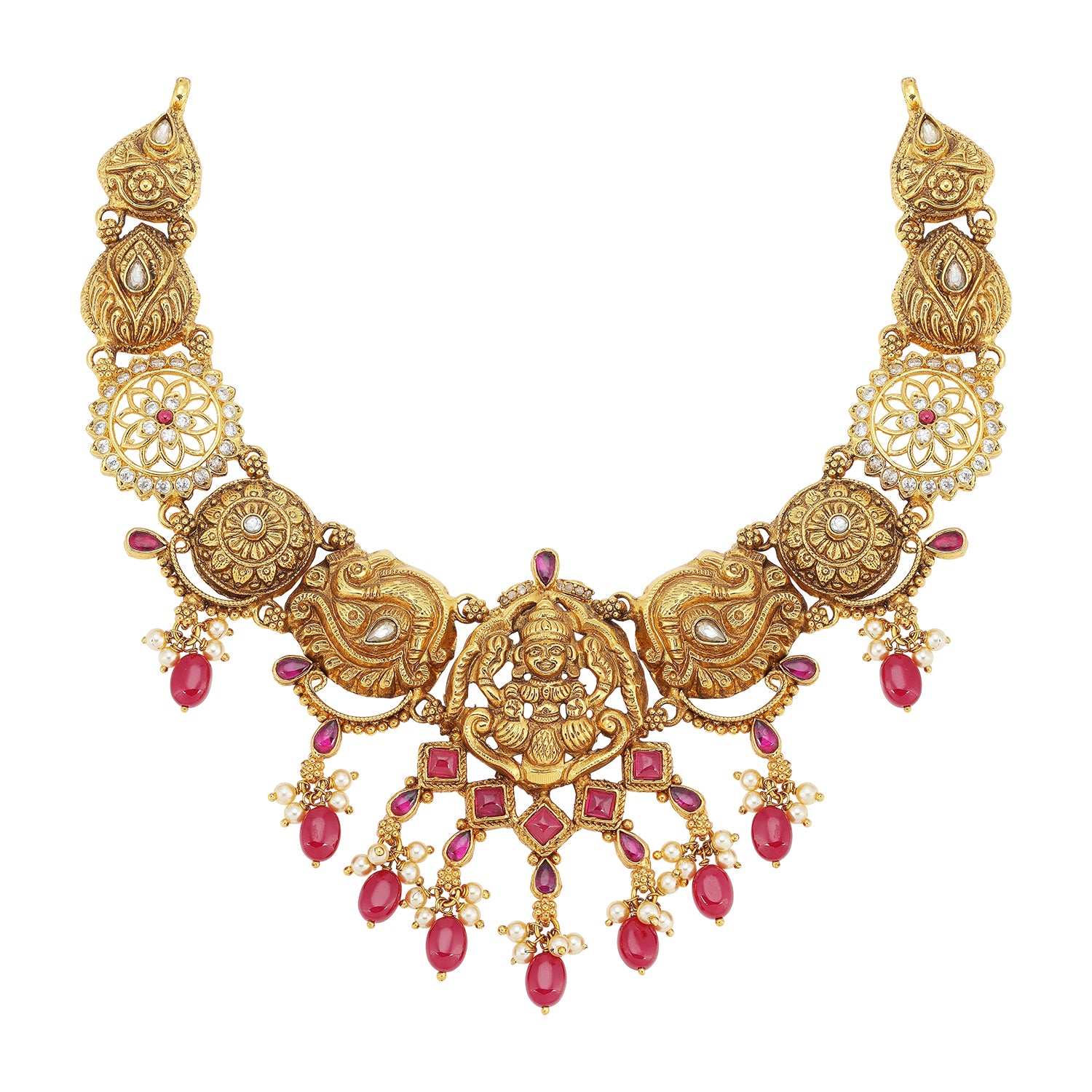 925 Sterling Silver Divine Goddess Peacock Red Beeds Drops Necklace