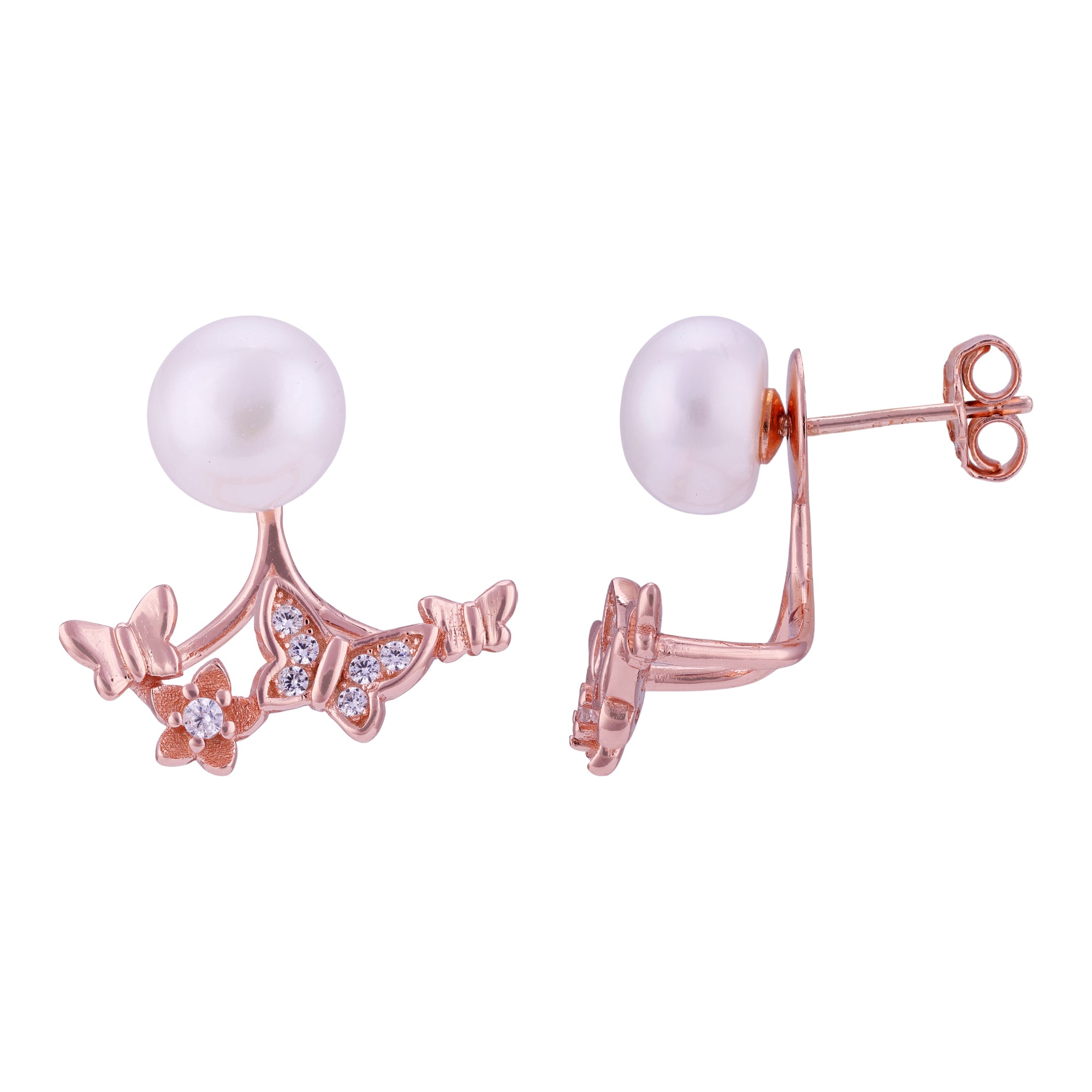 925 Sterling Silver Rose Gold Plated Triple Butterfly Pearl Earring for Women