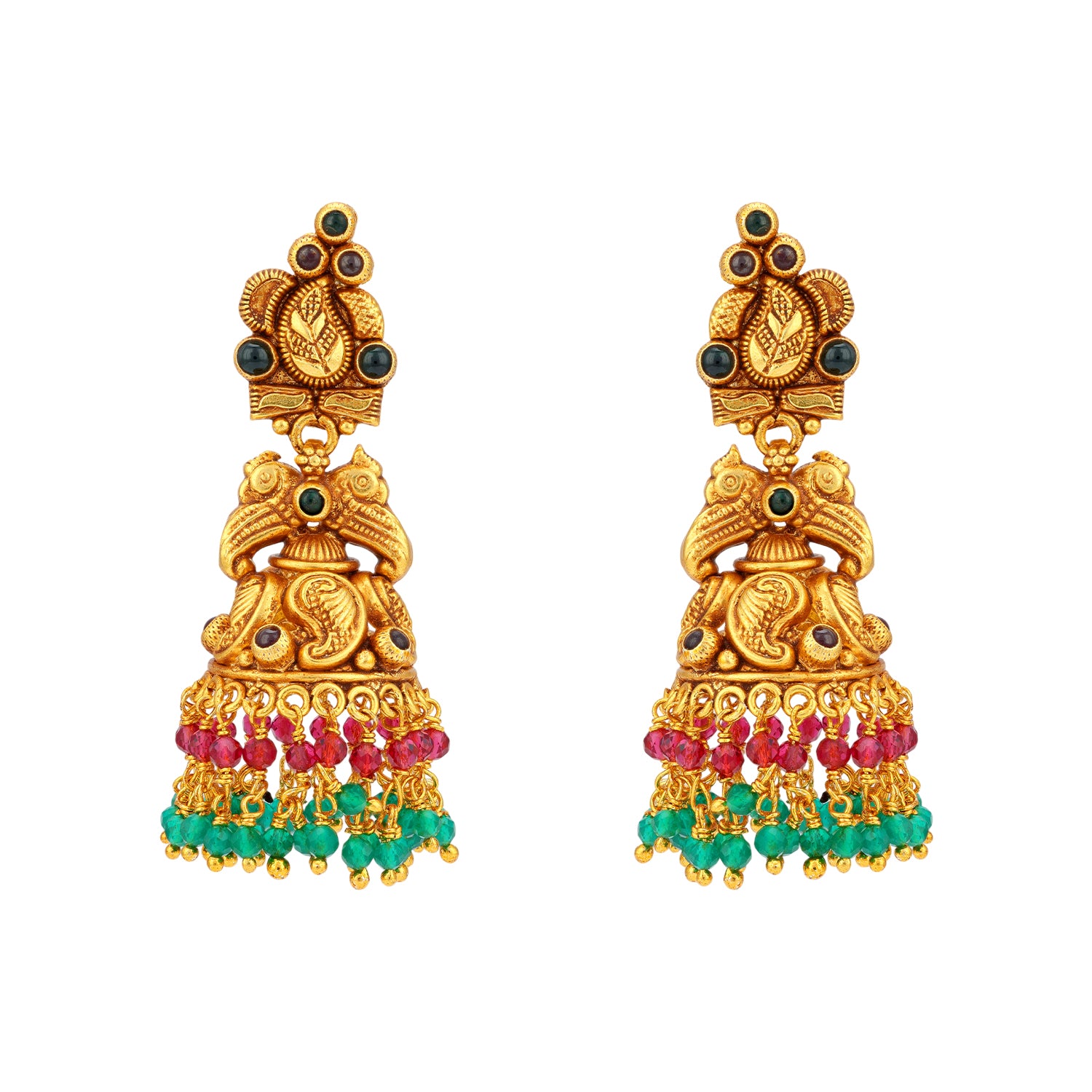 925 Sterling Silver Antique Peacock Ruby Emerald Jhumkas for women