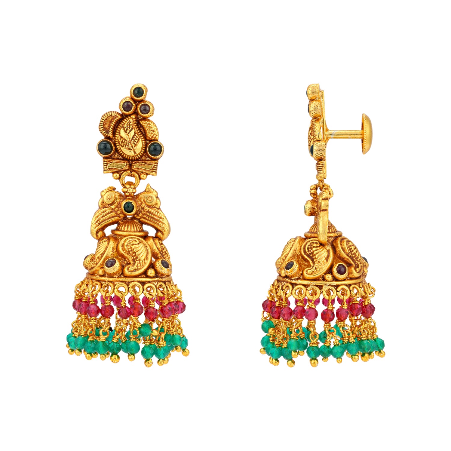 925 Sterling Silver Antique Peacock Ruby Emerald Jhumkas for women