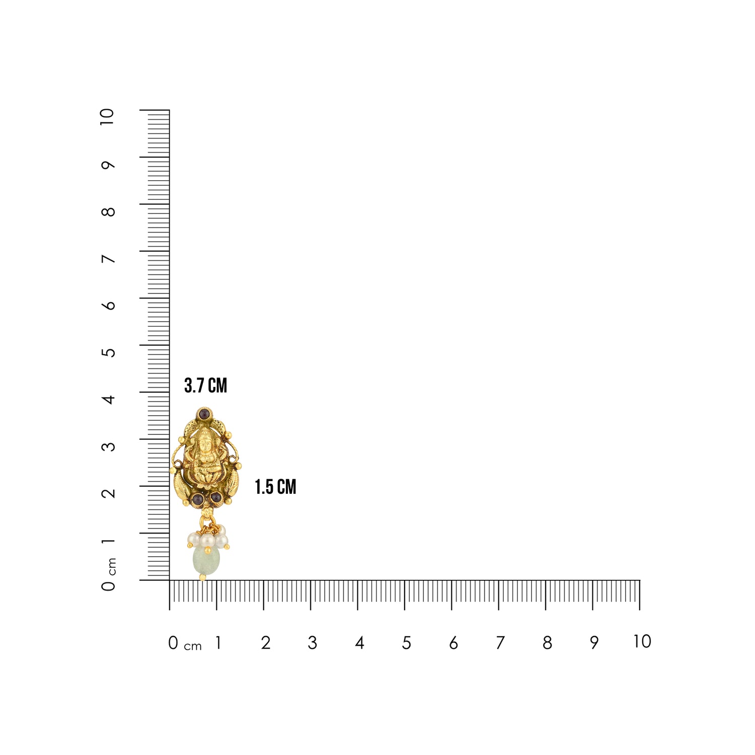 Gold pendant with a small pearl on a ruler for scale