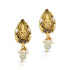 Gold earrings with religious figure design on a white background