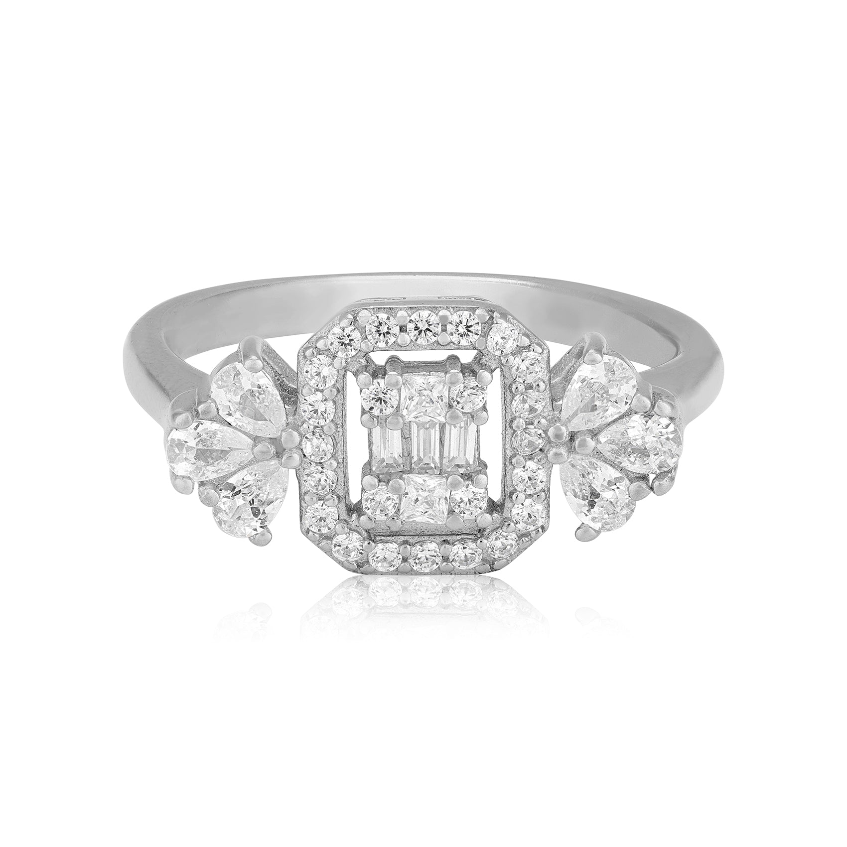 925 Sterling Silver Art Deco Inspired Emerald Pear Cut Baguette Ring for Women