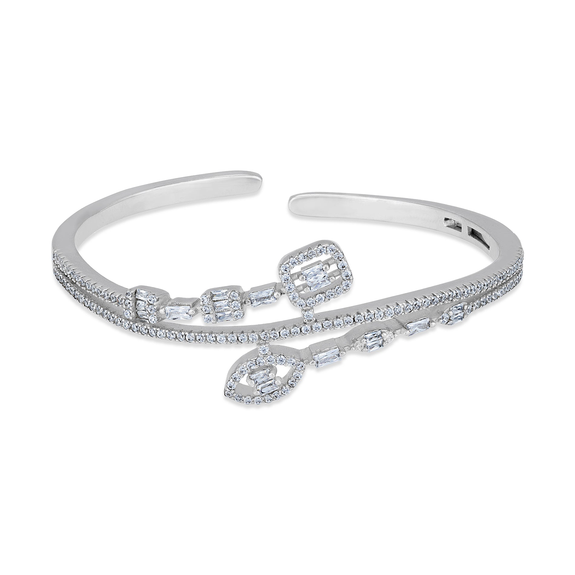 925 Sterling Silver Baguette-Cut Geometric Flow Open Cuff Bracelet for Women