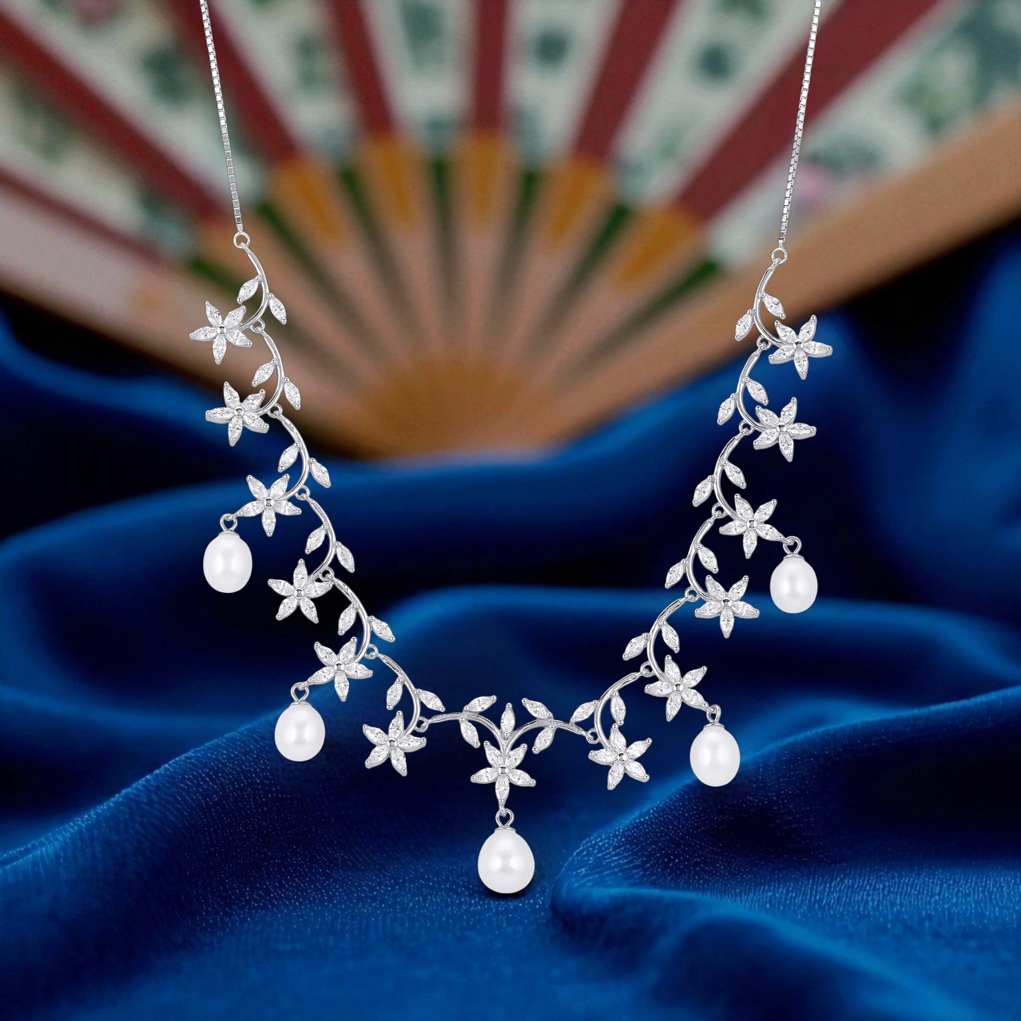925 Sterling Silver Blooming Pearl Drop Intricate Leafy Vines Necklace for Women