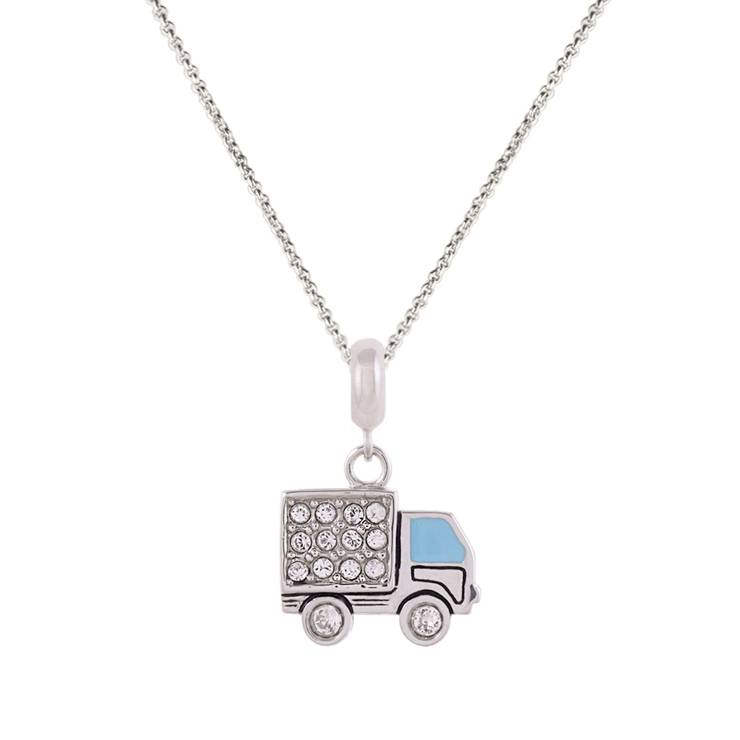 925 Sterling Silver Blue Mini Truck Rhodium Plated Pendant For Kids