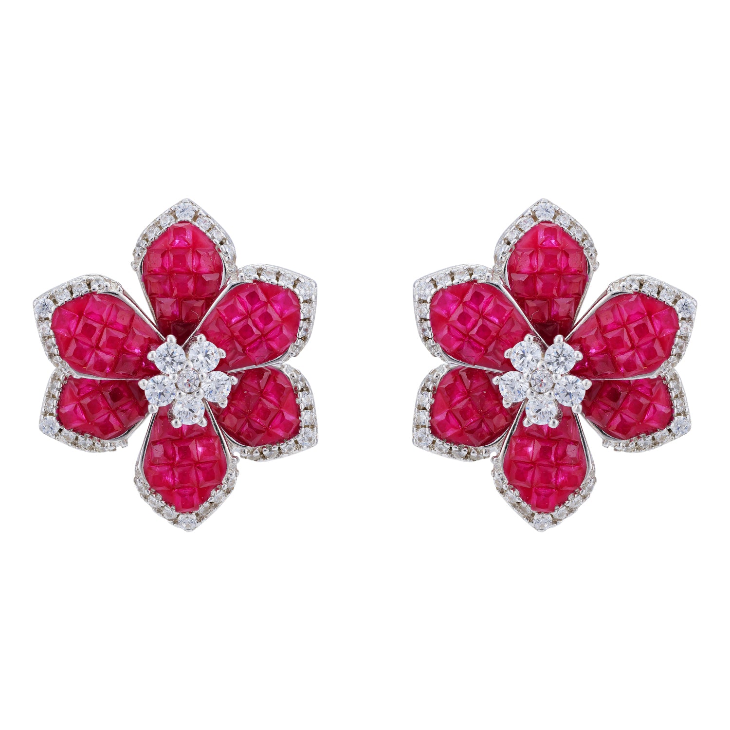 925 Sterling Silver Carved Ruby Petal Floral Stud Earring for Women