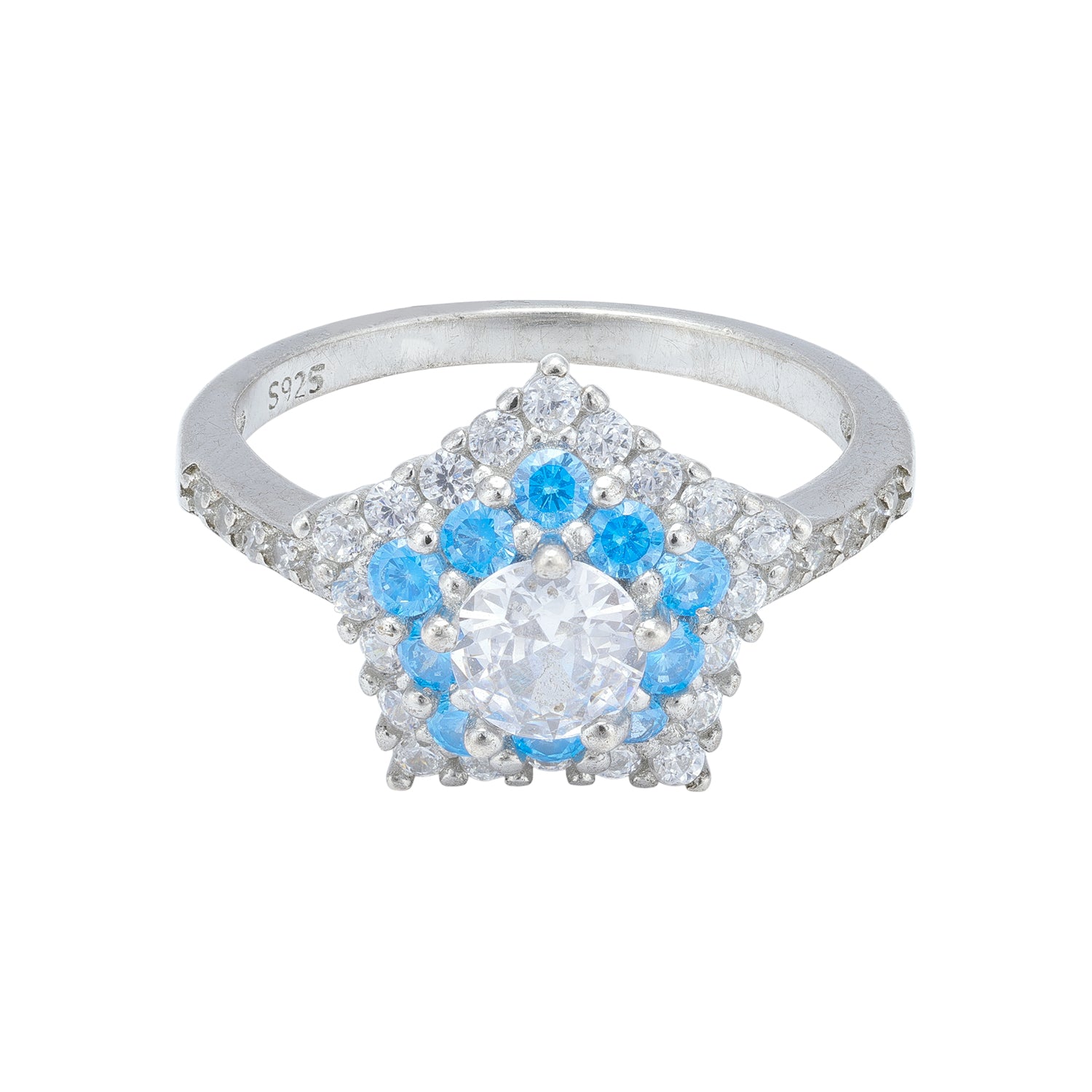 925 Sterling Silver Celestial Blue White Starburst Halo Ring for Women