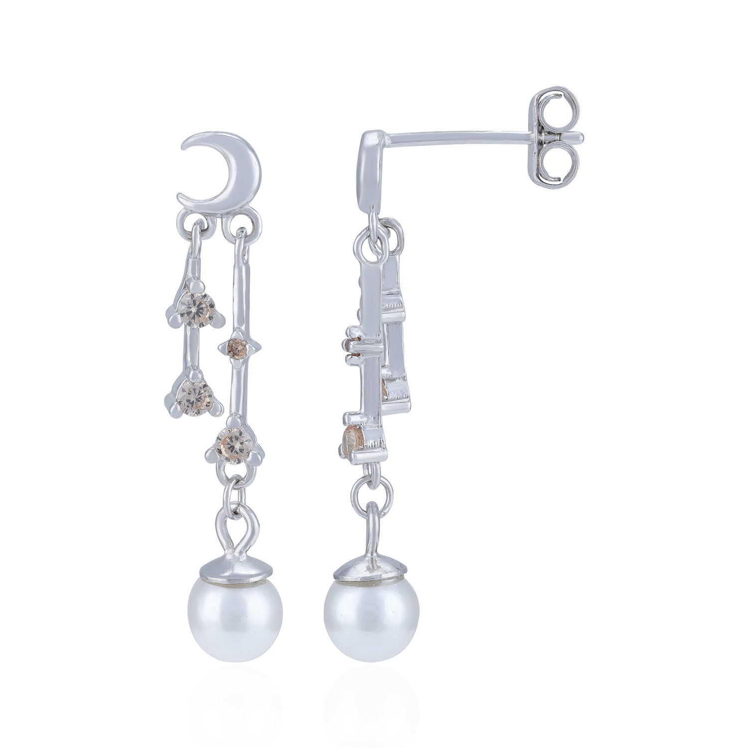925 Sterling Silver Celestial Crystal Linked Pearl Drop Earring for Women