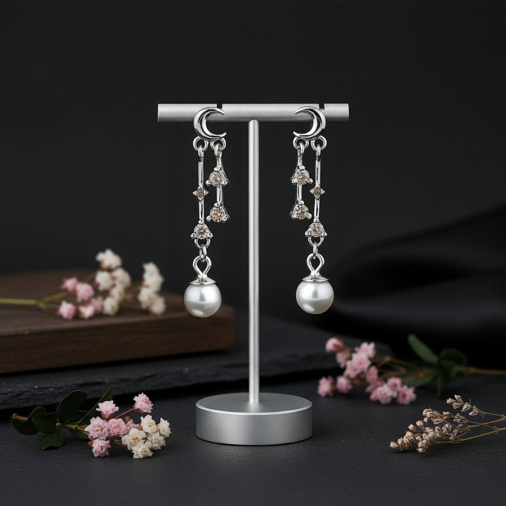 Silver earrings on a stand with flowers on a dark background