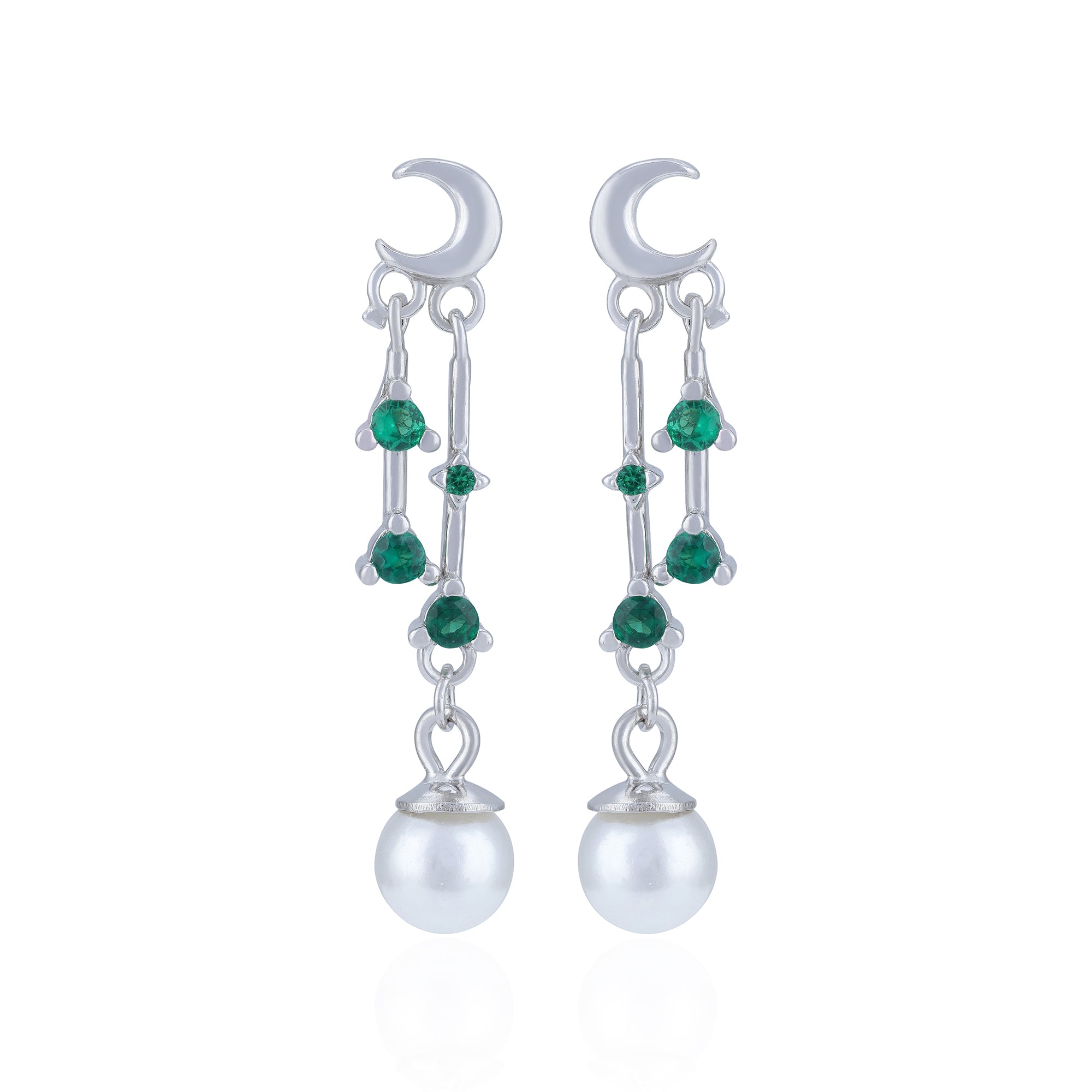 925 Sterling Silver Celestial Moon Emerald Linked Pearl Earring for Women