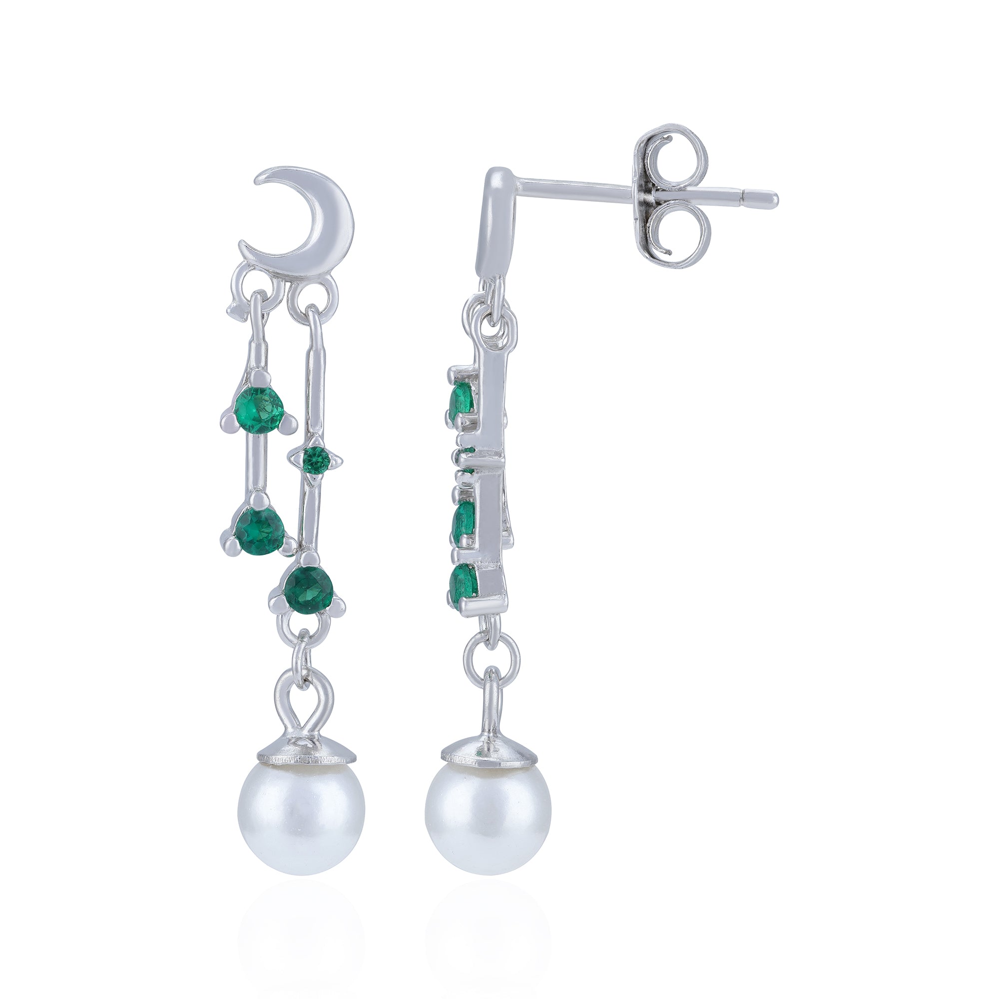 925 Sterling Silver Celestial Moon Emerald Linked Pearl Earring for Women