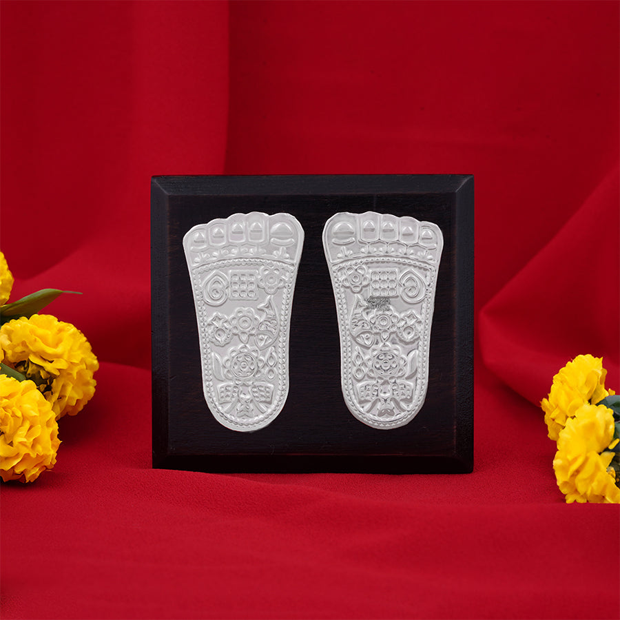 925 Sterling Silver Charan Paduka With Rosewood Stand For Pooja