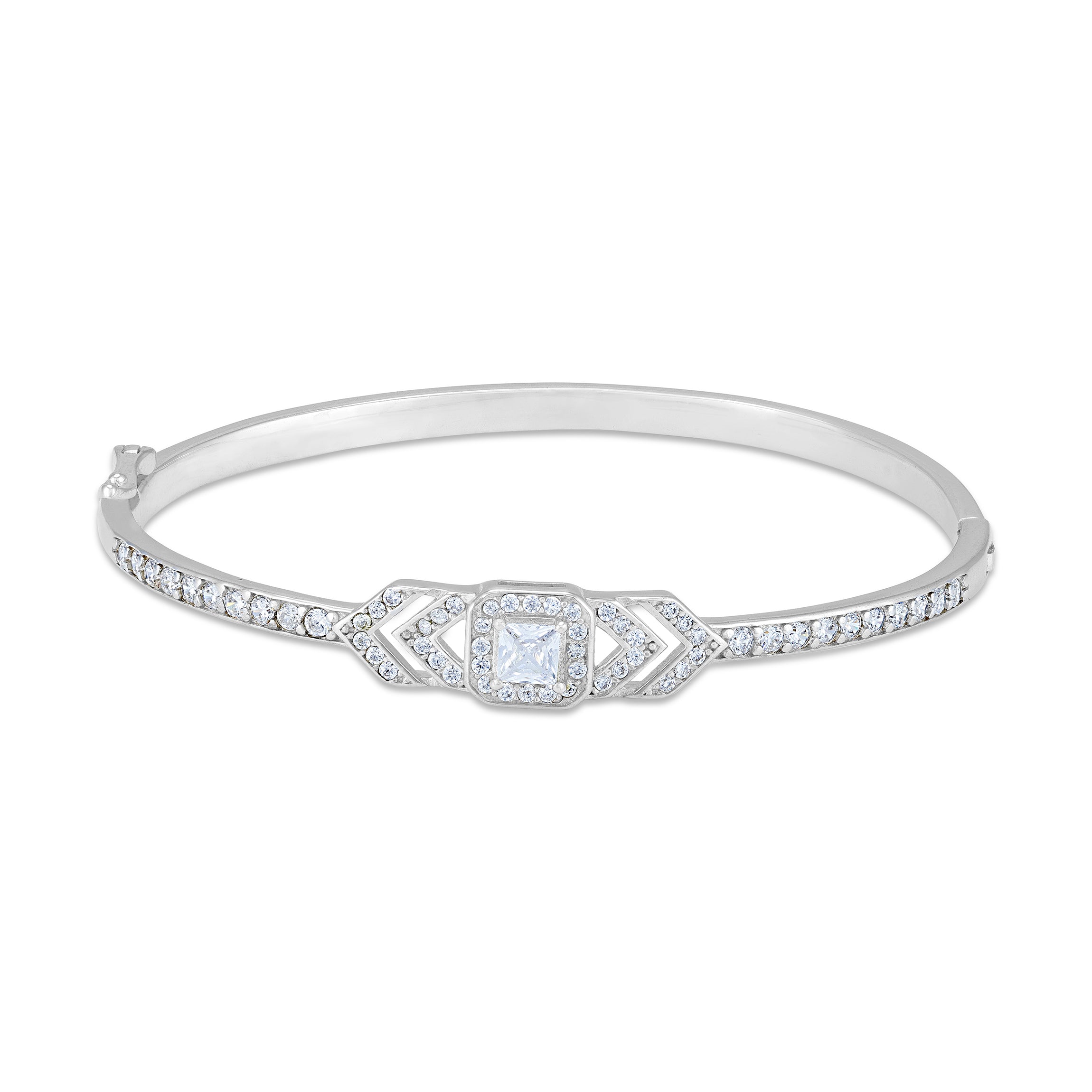 925 Sterling Silver Chevron AccentSquare Solitaire Center Rhodium Plated Bracelet for Women