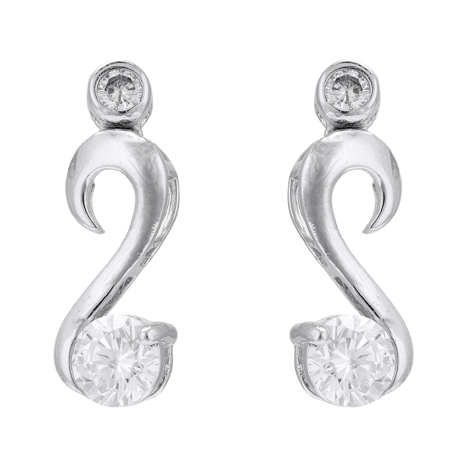 925 Sterling Silver Classic Flourish Hook Bottom Stones Rhodium Plated Earrings for Women
