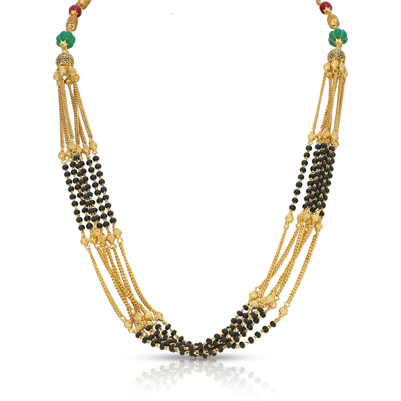 Gold necklace with black beads and colorful accents on a white background