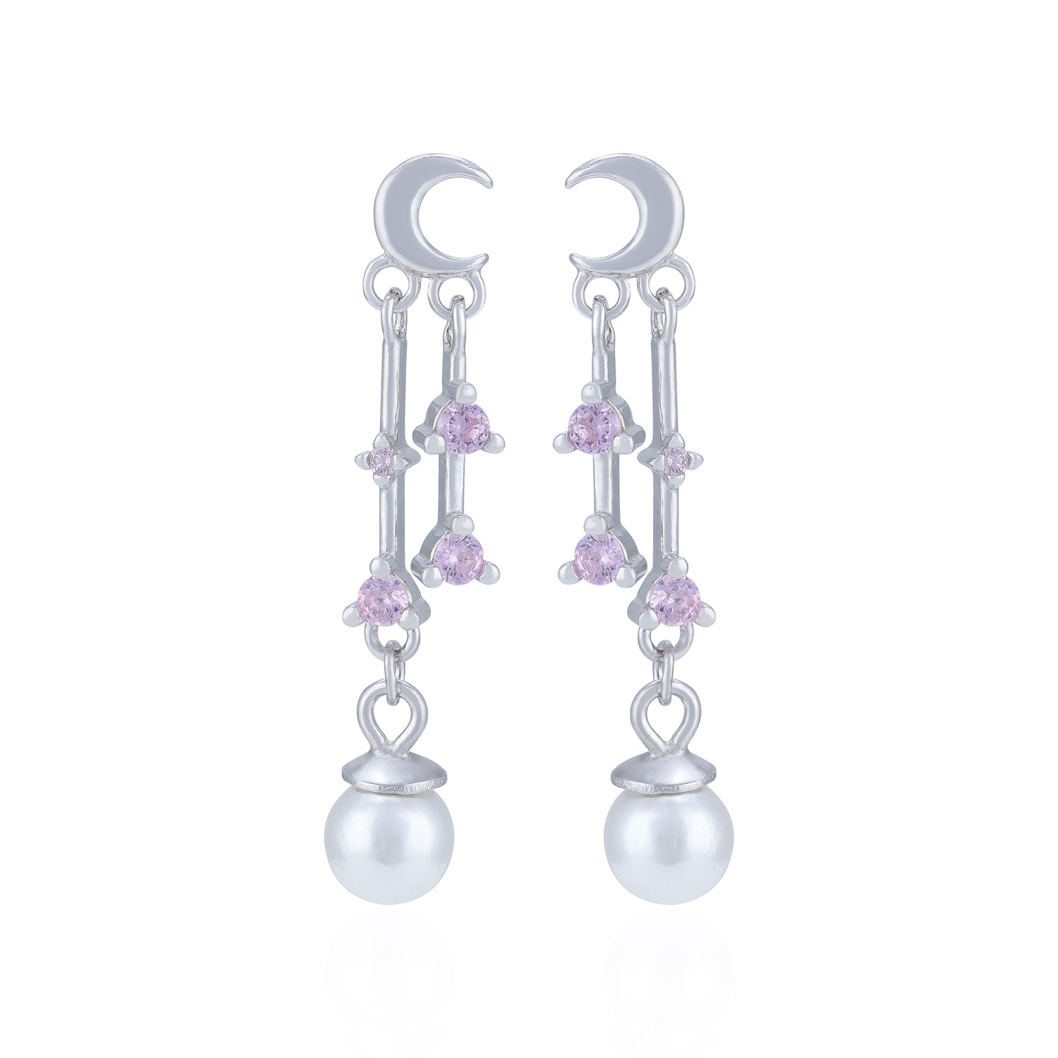 925 Sterling Silver Crescent Moon Pink Crystal Pearl Earring for Women