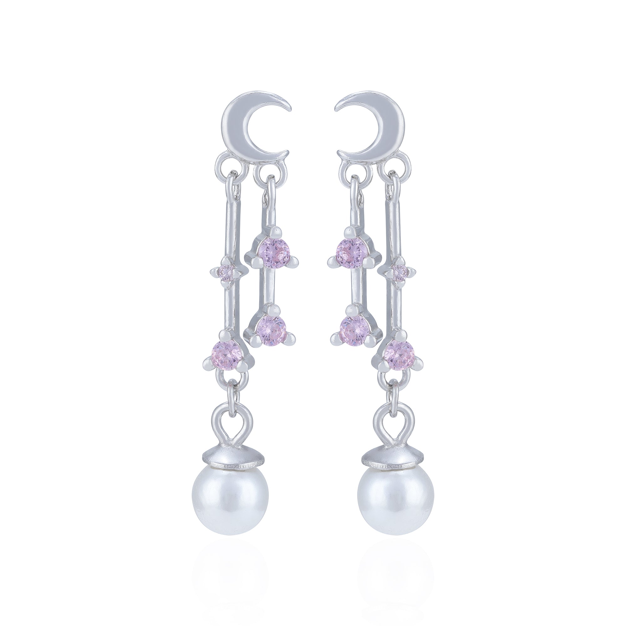 925 Sterling Silver Crescent Moon Pink Crystal Pearl Earring for Women