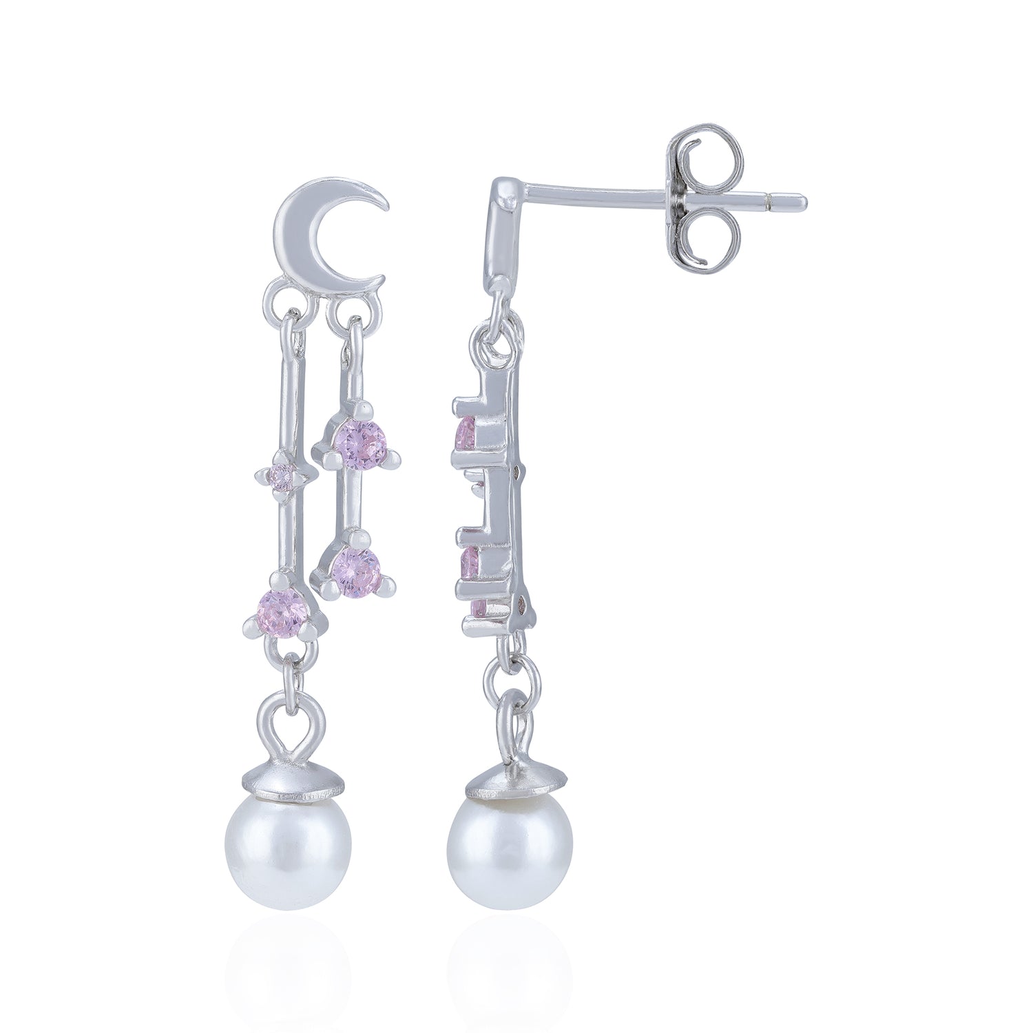 925 Sterling Silver Crescent Moon Pink Crystal Pearl Earring for Women