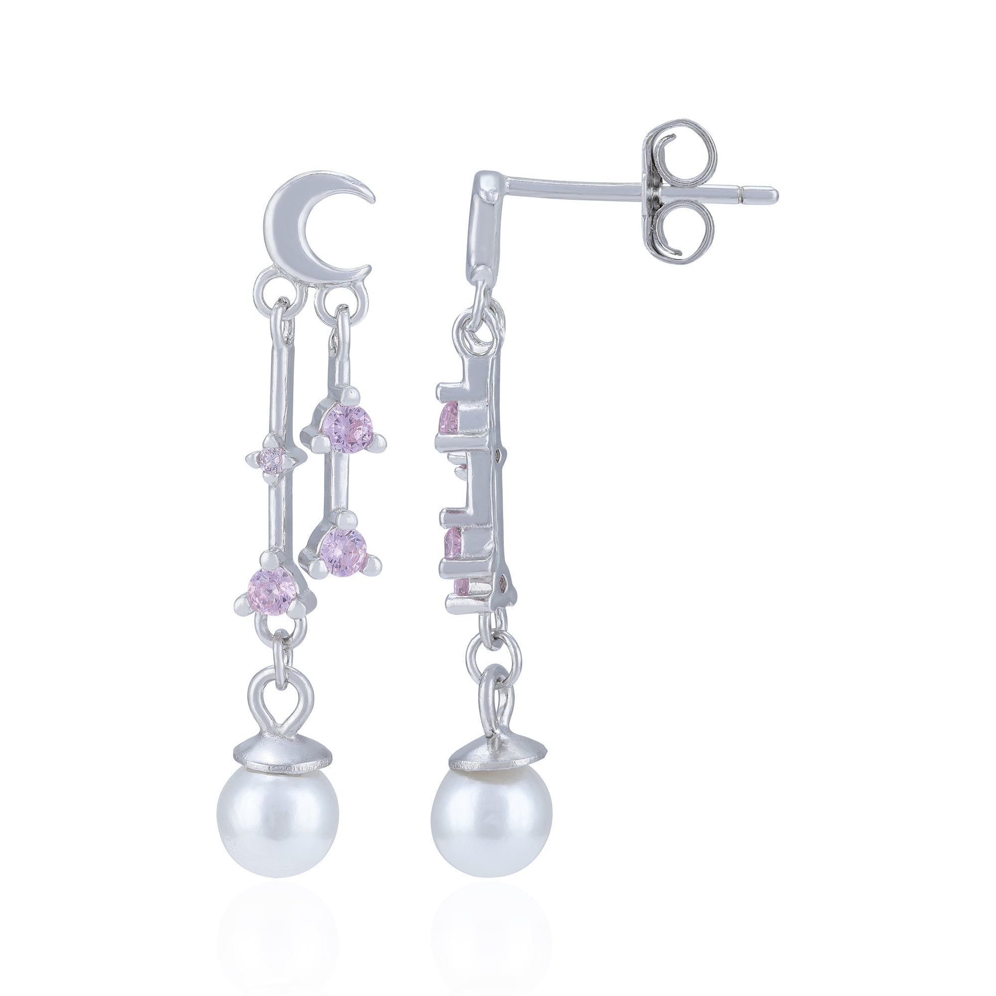 925 Sterling Silver Crescent Moon Pink Crystal Pearl Earring for Women