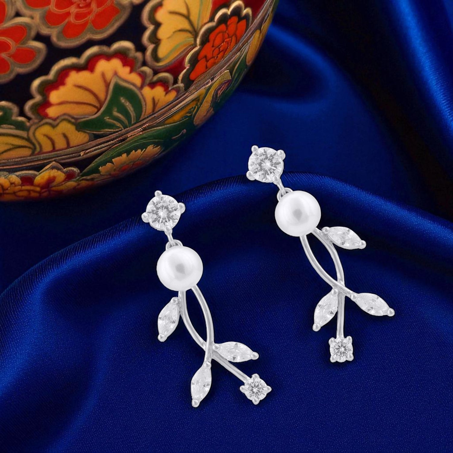 925 Sterling Silver Crossover Leafy Pearl Earrings for Women