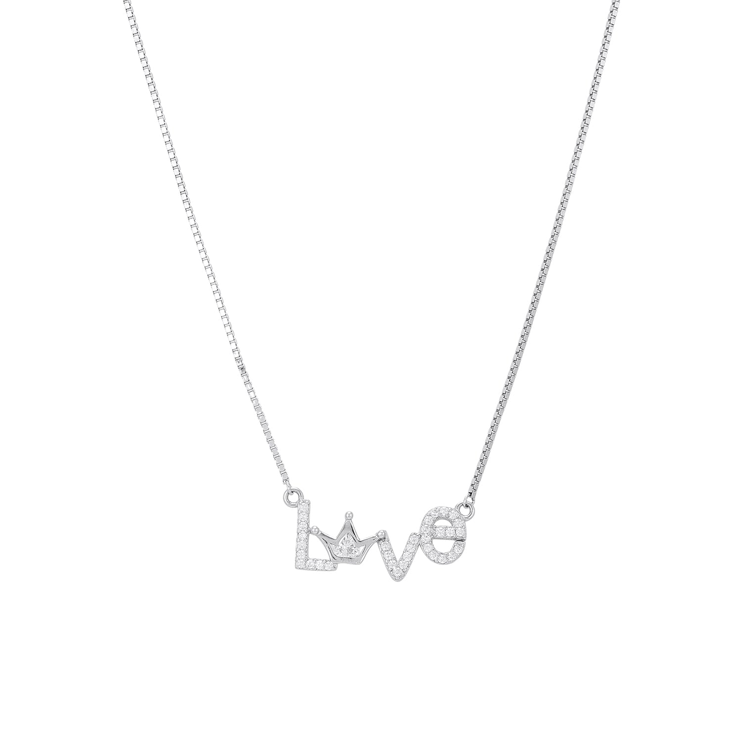925 Sterling Silver Crowned LOVE Rhodium Plated Chain Pendant for Women