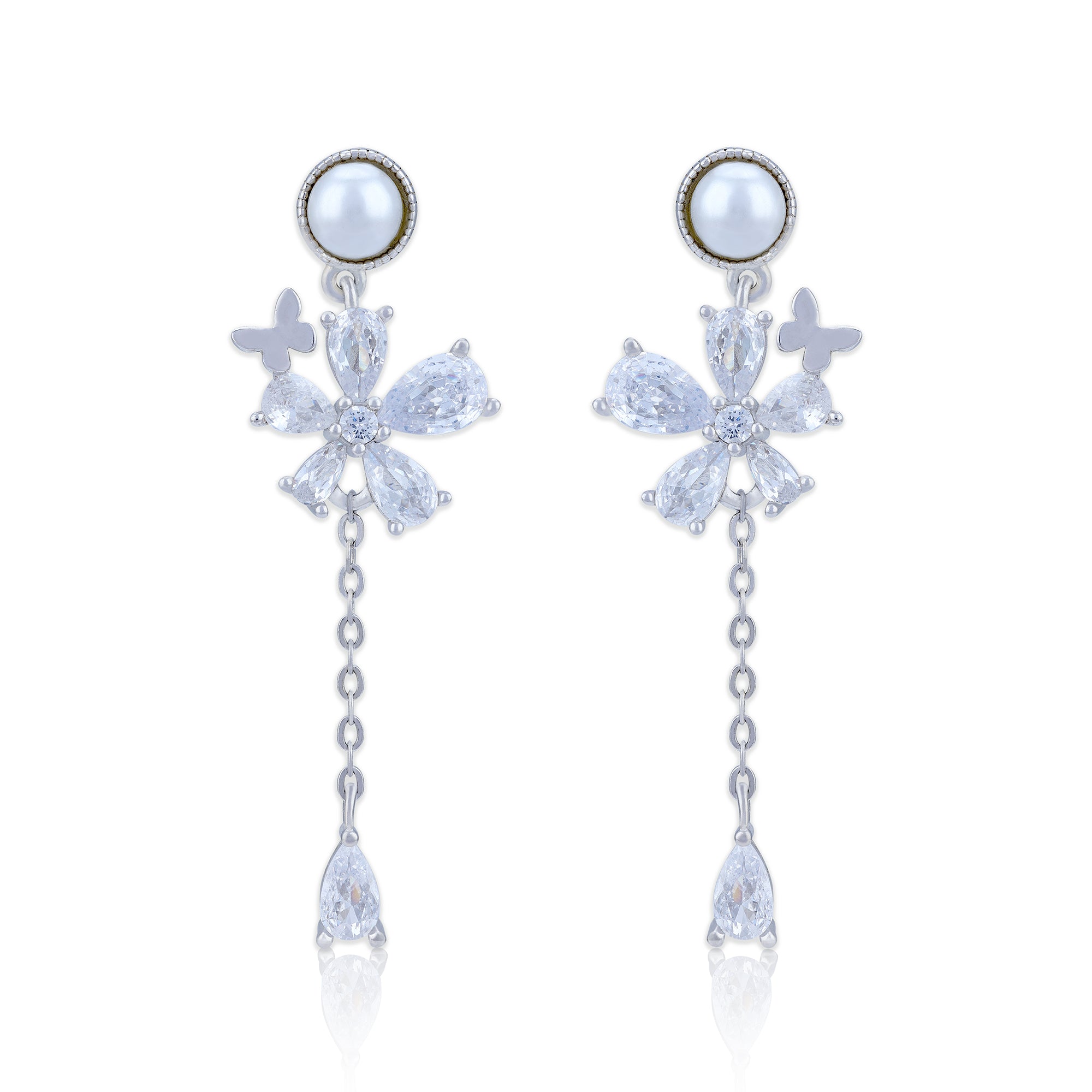 925 Sterling Silver Crystal Flower with Pearl Stud and Dangling Teardrop Earring for Women