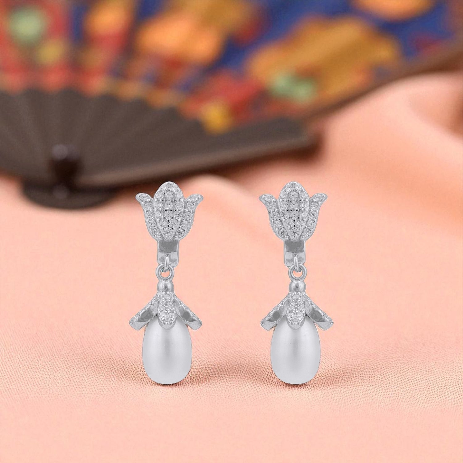 925 Sterling Silver Crystal Tulip Pearl Dangling Earrings for Women