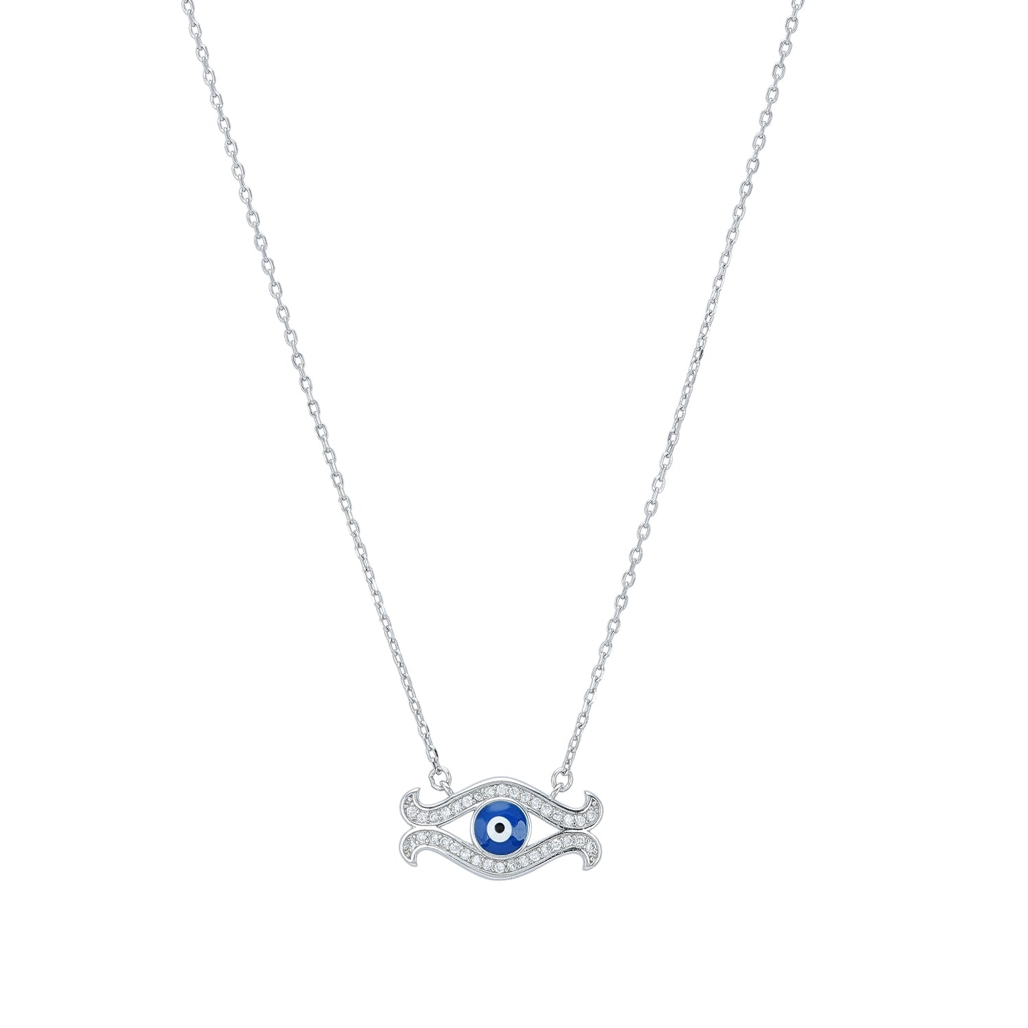 925 Sterling Silver Curved Evil Eye  Blue Enamel Center Wave Frame Chain Pendant for Women