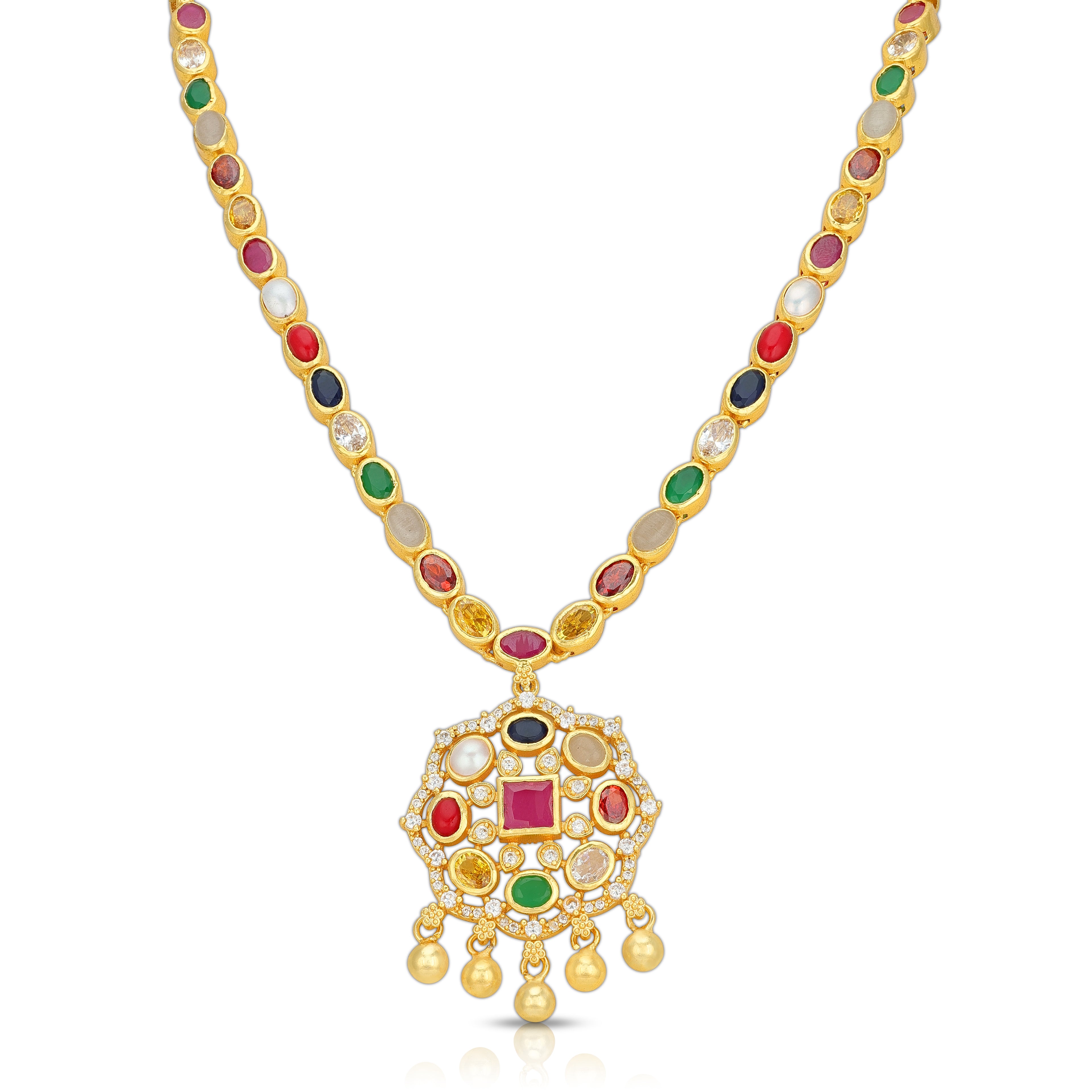 925 Sterling Silver Divine Navaratna Temple Necklace for Women