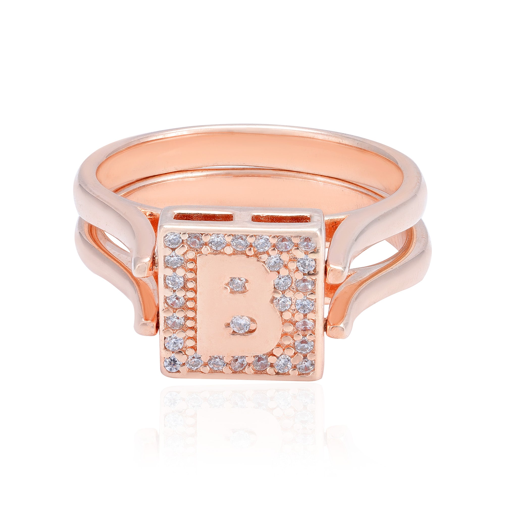 925 Sterling Silver Double Muse ¡ ¬ËB¡   & Solitaire Stone Rose Gold Plated Reversible Ring for Women