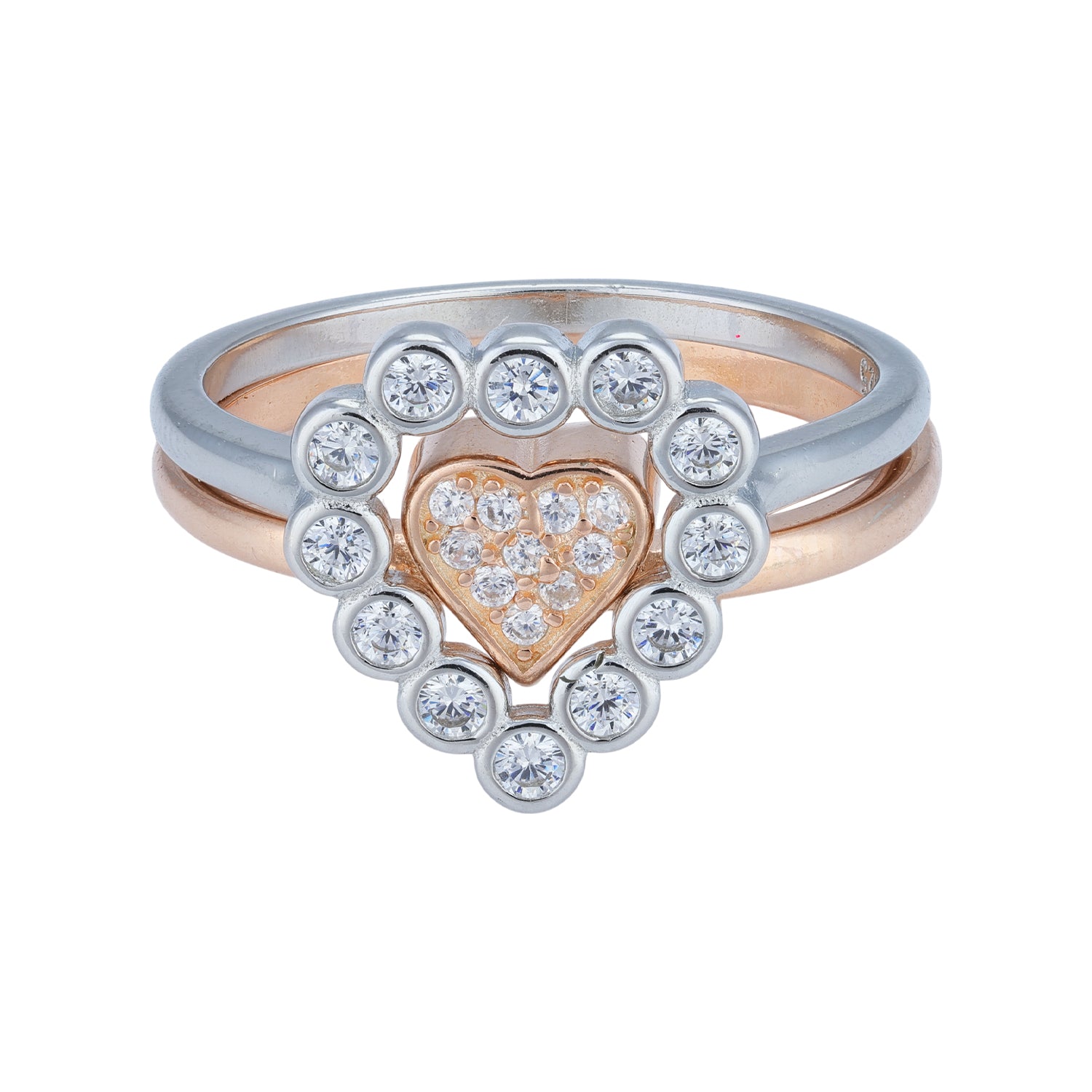 925 Sterling Silver Dual-Tone Diamond Heart Centerpiece Ring for Women