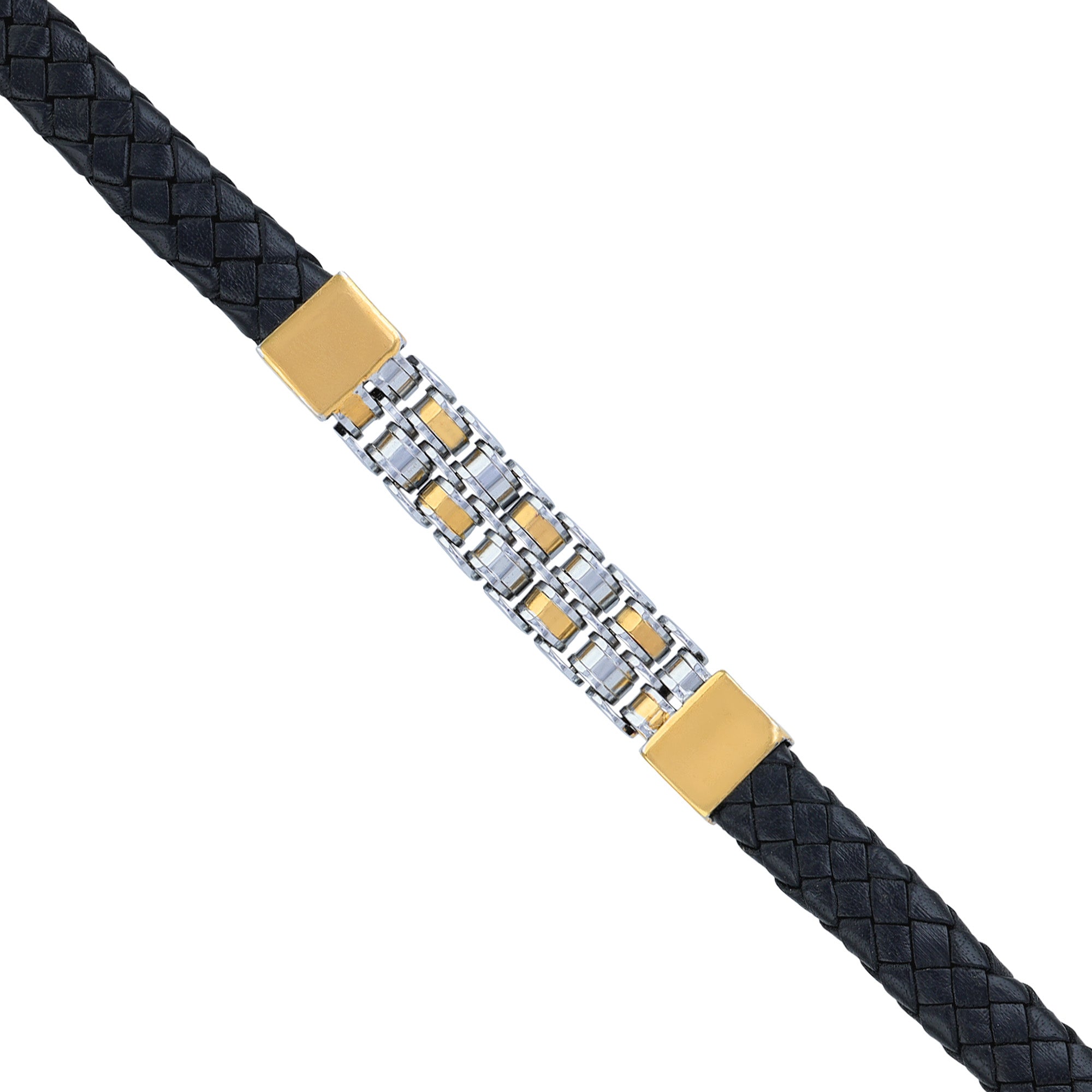 925 Sterling Silver Dual Tone Grid Link Jet Black Leather Weave Bracelet for Men