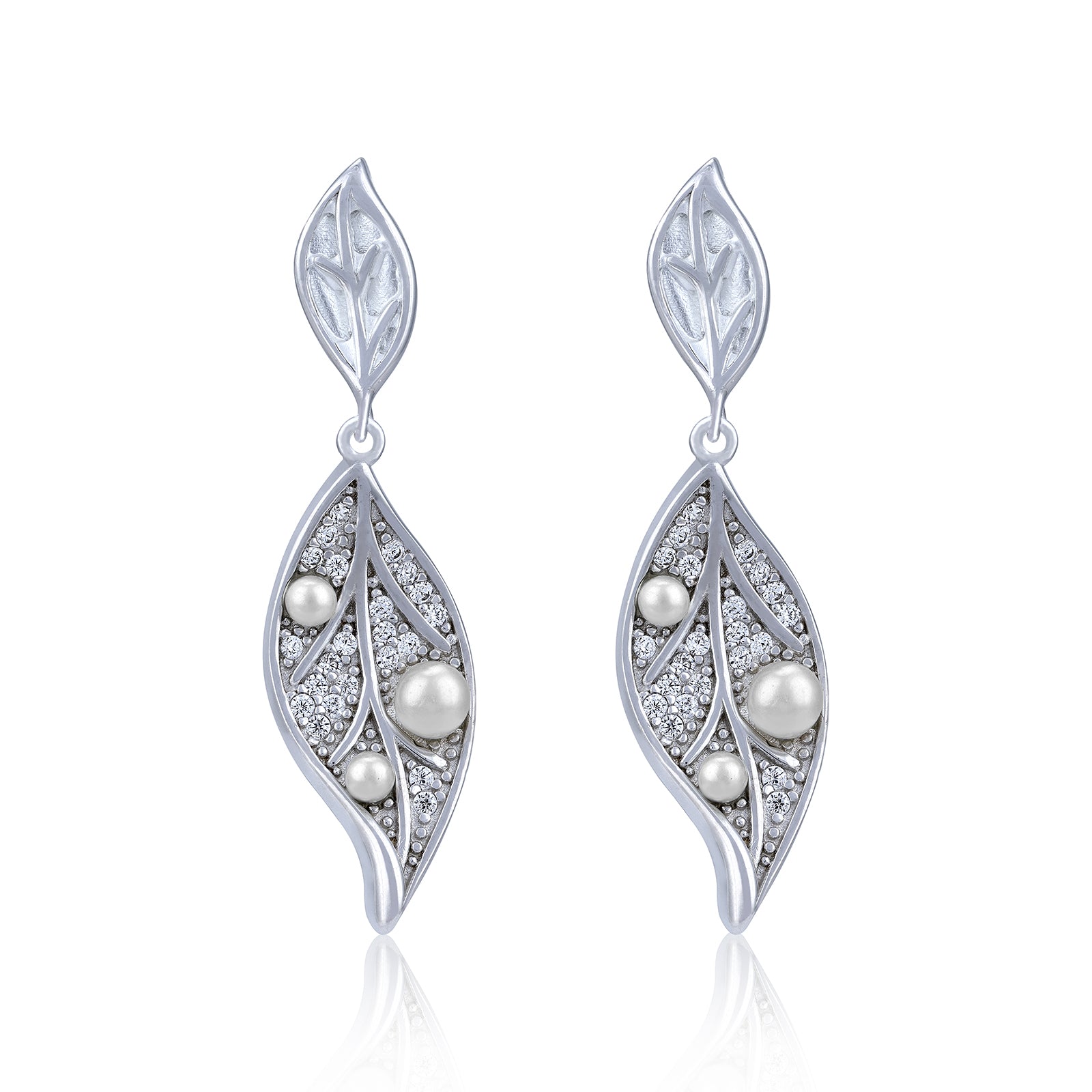 925 Sterling Silver Elegant Leaf-Shaped Dangling Pearl Earring for Women