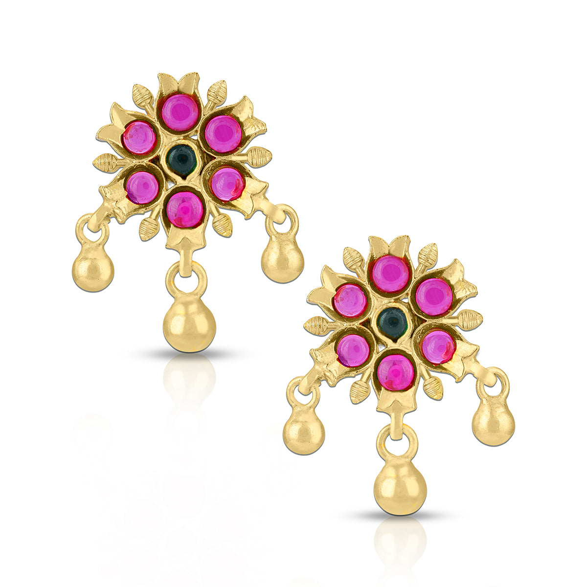 Gold earrings with pink and black gemstones on a white background
