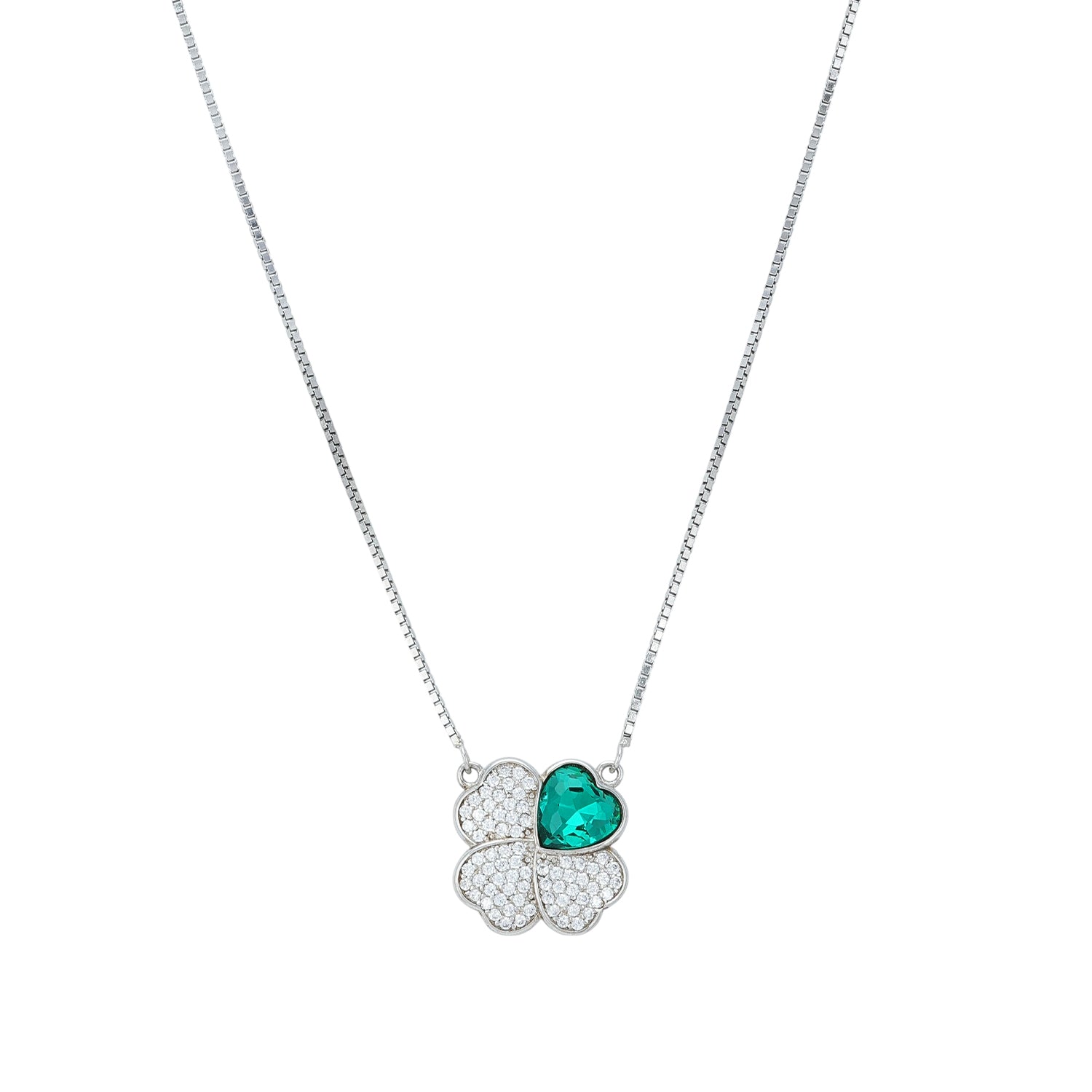 925 Sterling Silver Emerald Heart Clover Asymmetrical Petal Chain Pendant for Women