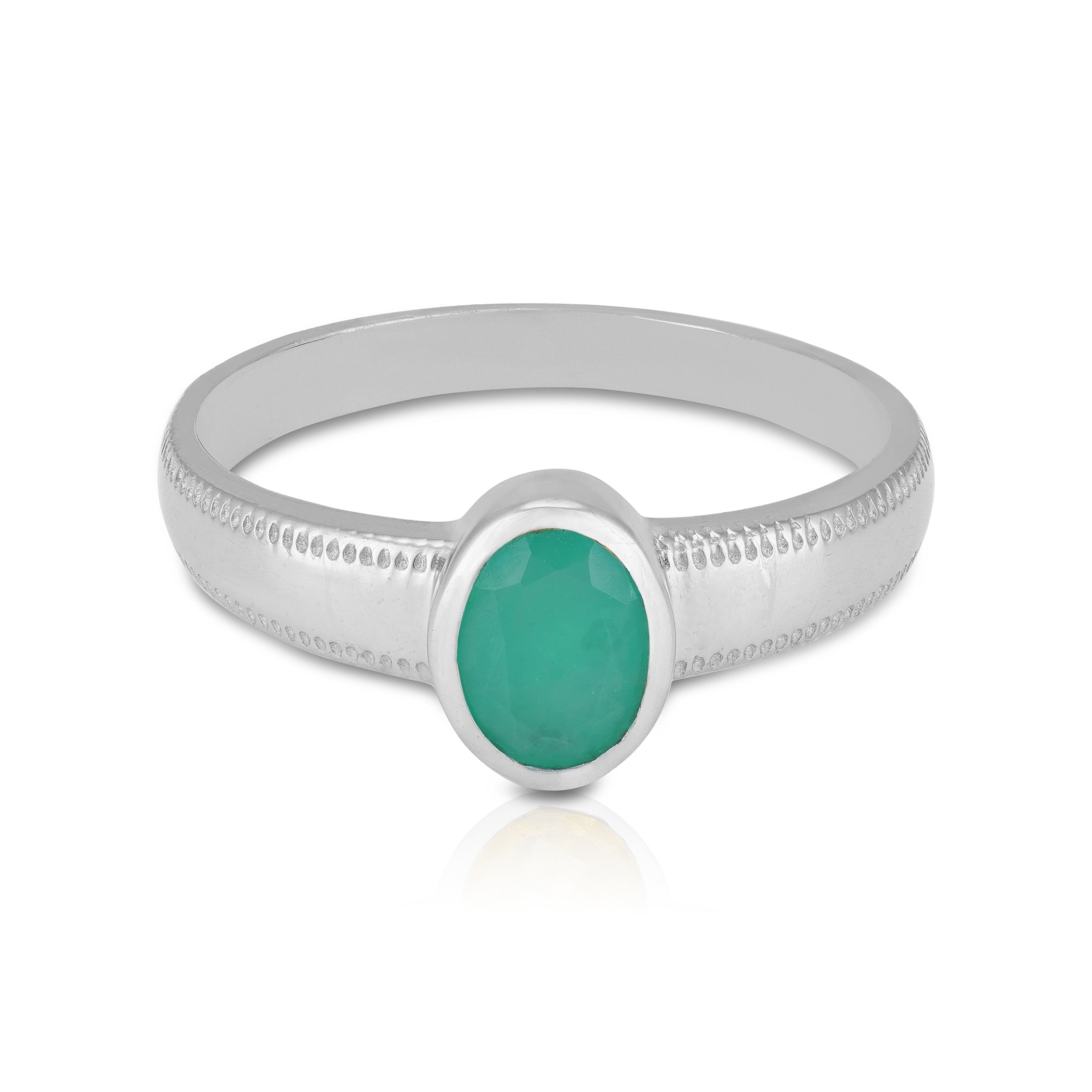 925 Sterling Silver Emerald Oval Intricate Beaded Edge Band Ring for Men