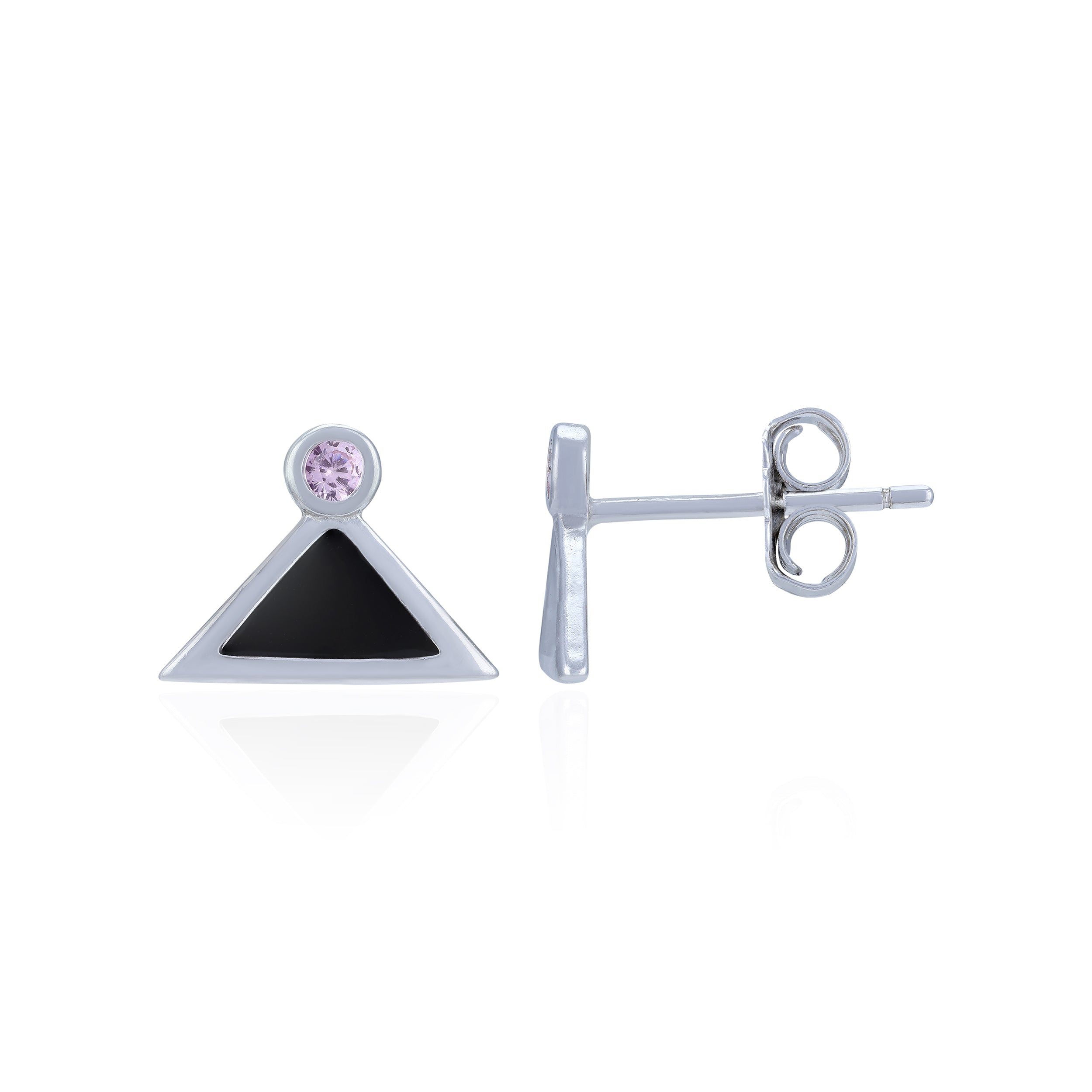 Pair of earrings with a triangle design and pink gemstone on a white background