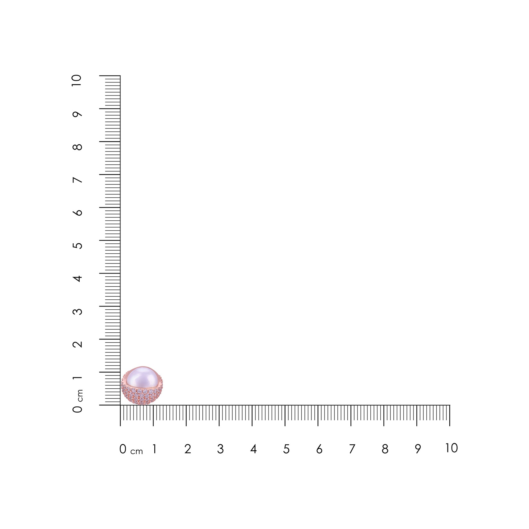 Pink pearl next to a ruler on a white background