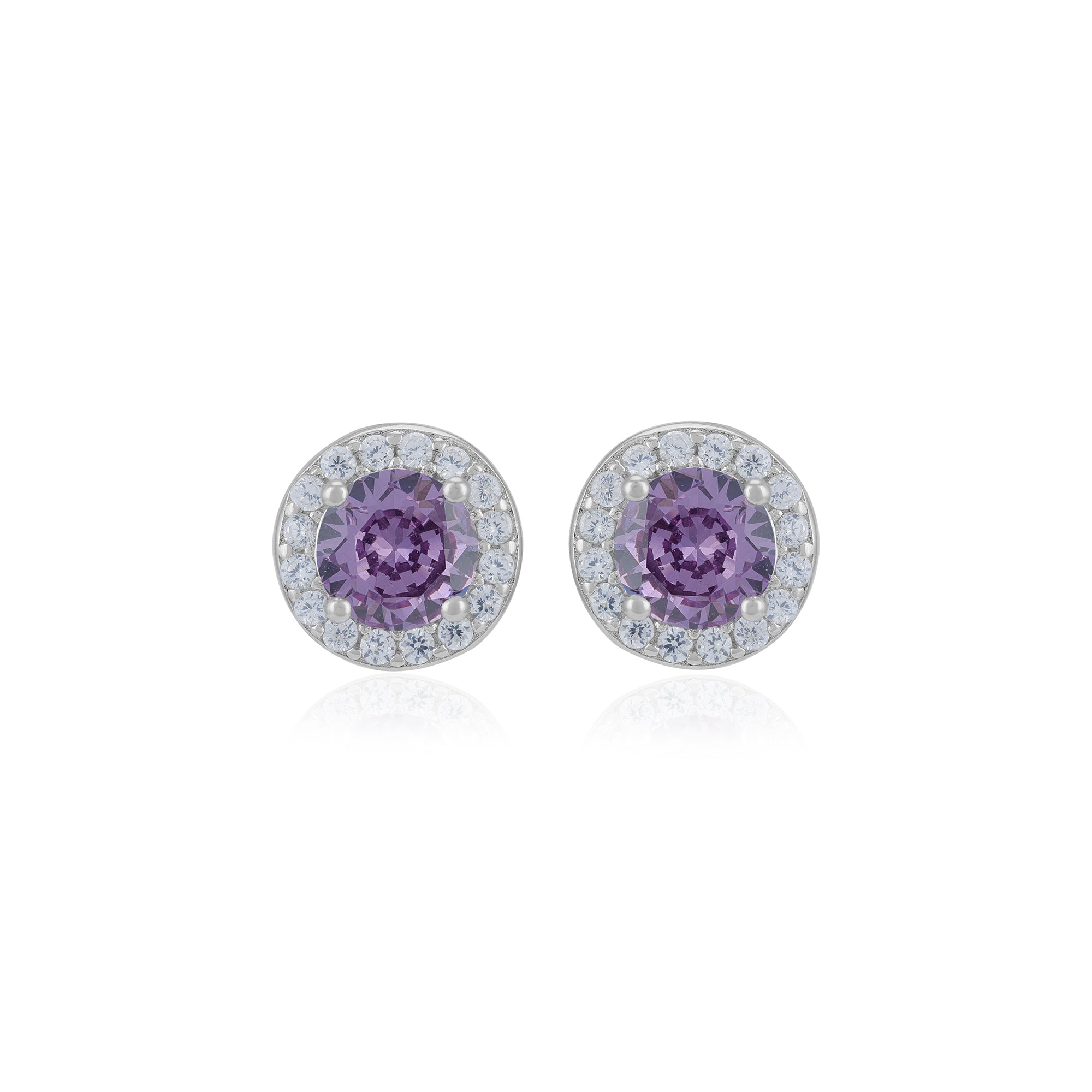 925 Sterling Silver February Month Circle Amethyst Birthstone Stud For Women