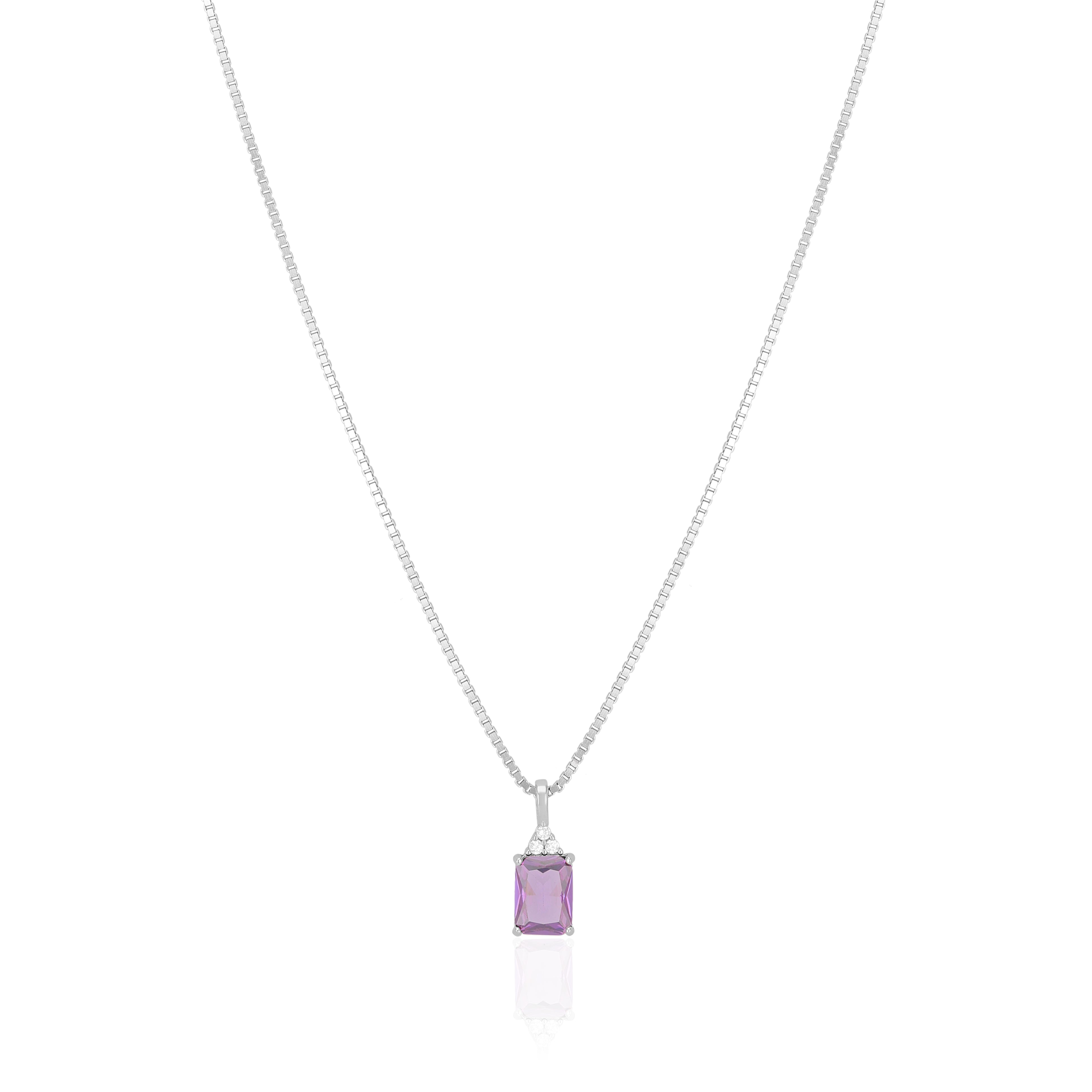 925 Sterling Silver February Month Square Amethyst Birthstone Chain Pendant For Women
