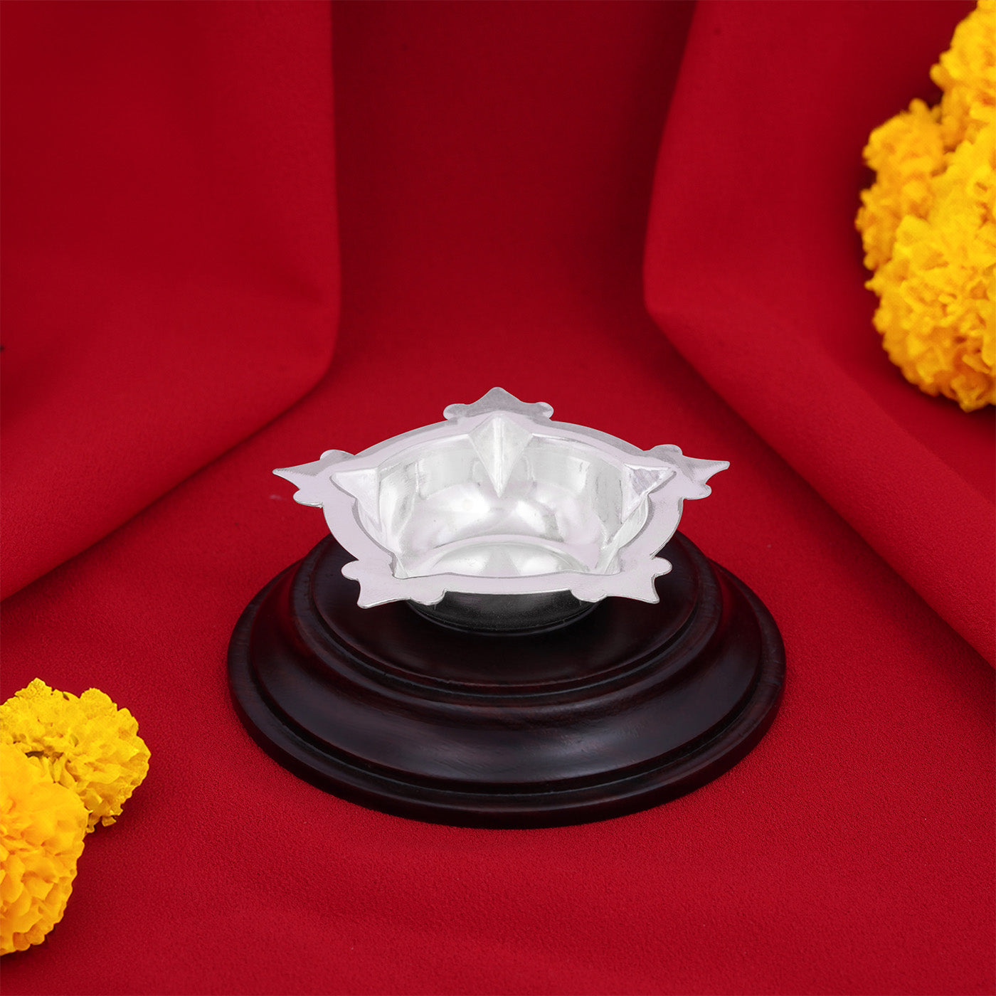 925 Sterling Silver Five Face Deepam With Rosewood Base For Pooja