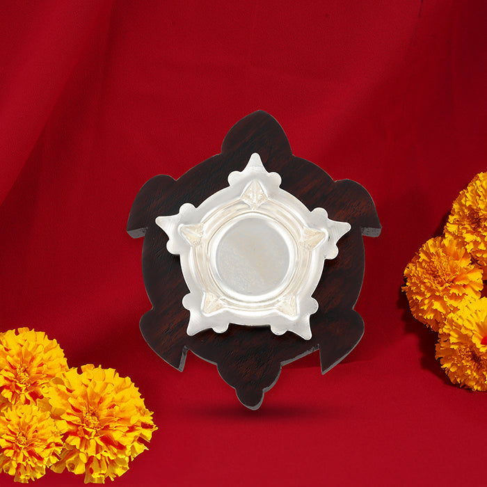 925 Sterling Silver Five Face Diya Deepam Rosewood Stand For Pooja