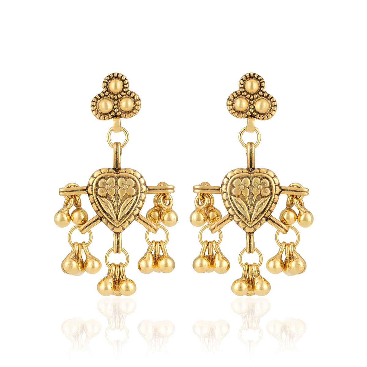 925 Sterling Silver Floral Centered Heart Gold Plated Beads Drop Earrings for Women