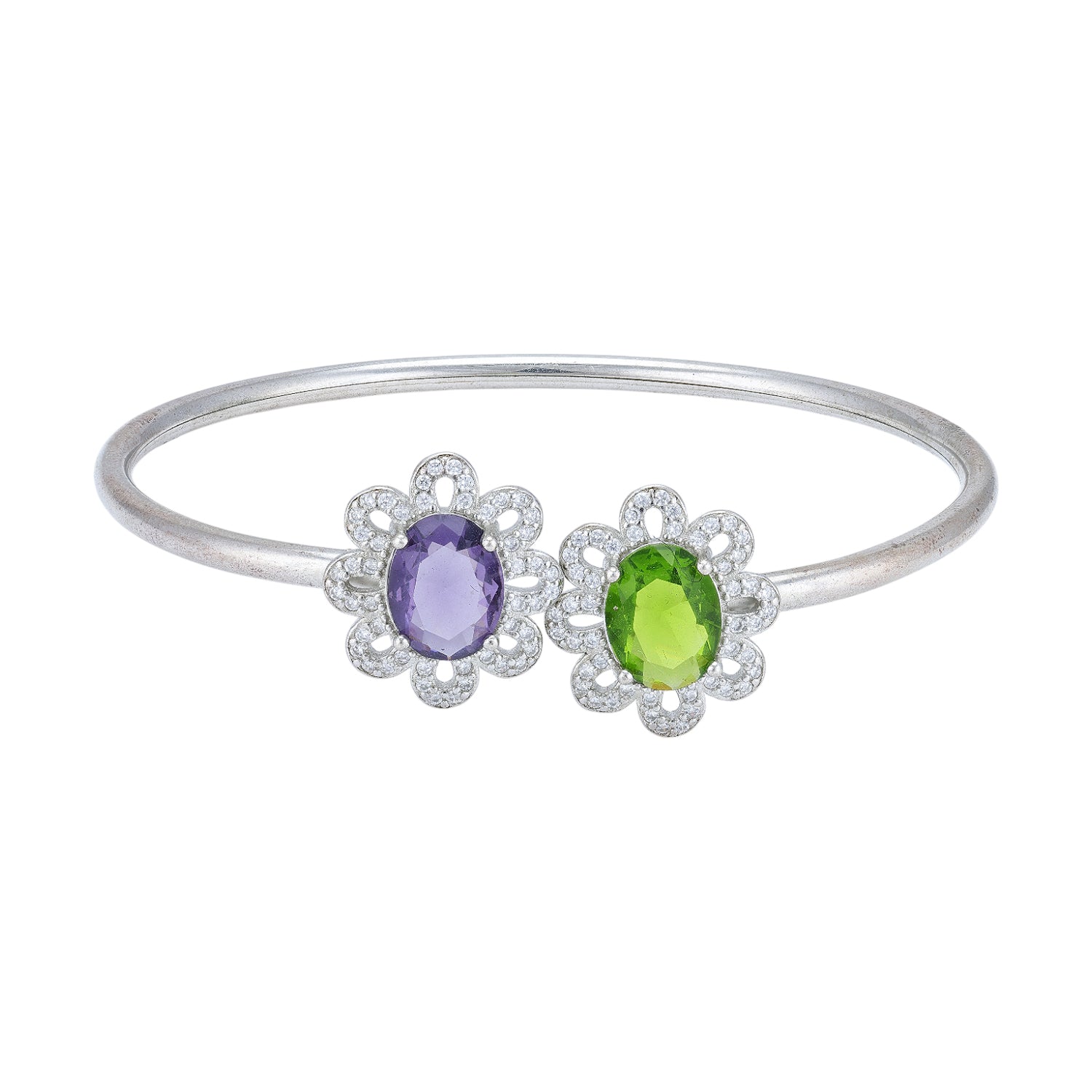 925 Sterling Silver Floral Dual Stone Amethyst Peridot Oval Centers Petal Halo Open Bracelet for Women