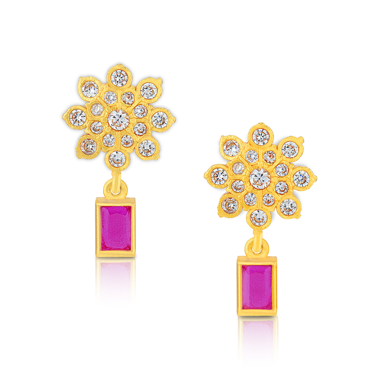 Gold flower-shaped earrings with pink gemstones on a white background